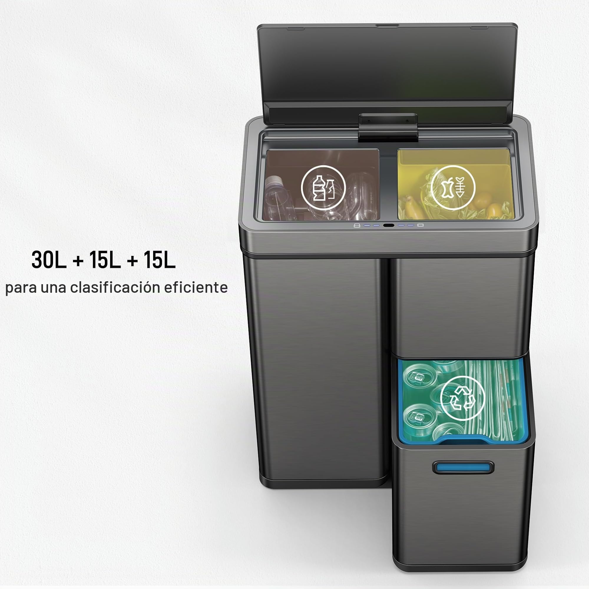 EKO Mirage Plus - Sistema de separación de basura con 3 compartimentos, 2 x 15 L y 30 L, con sensor, 3 cubos interiores de plástico, cubo de basura automático con tapa, cubo de basura grande para