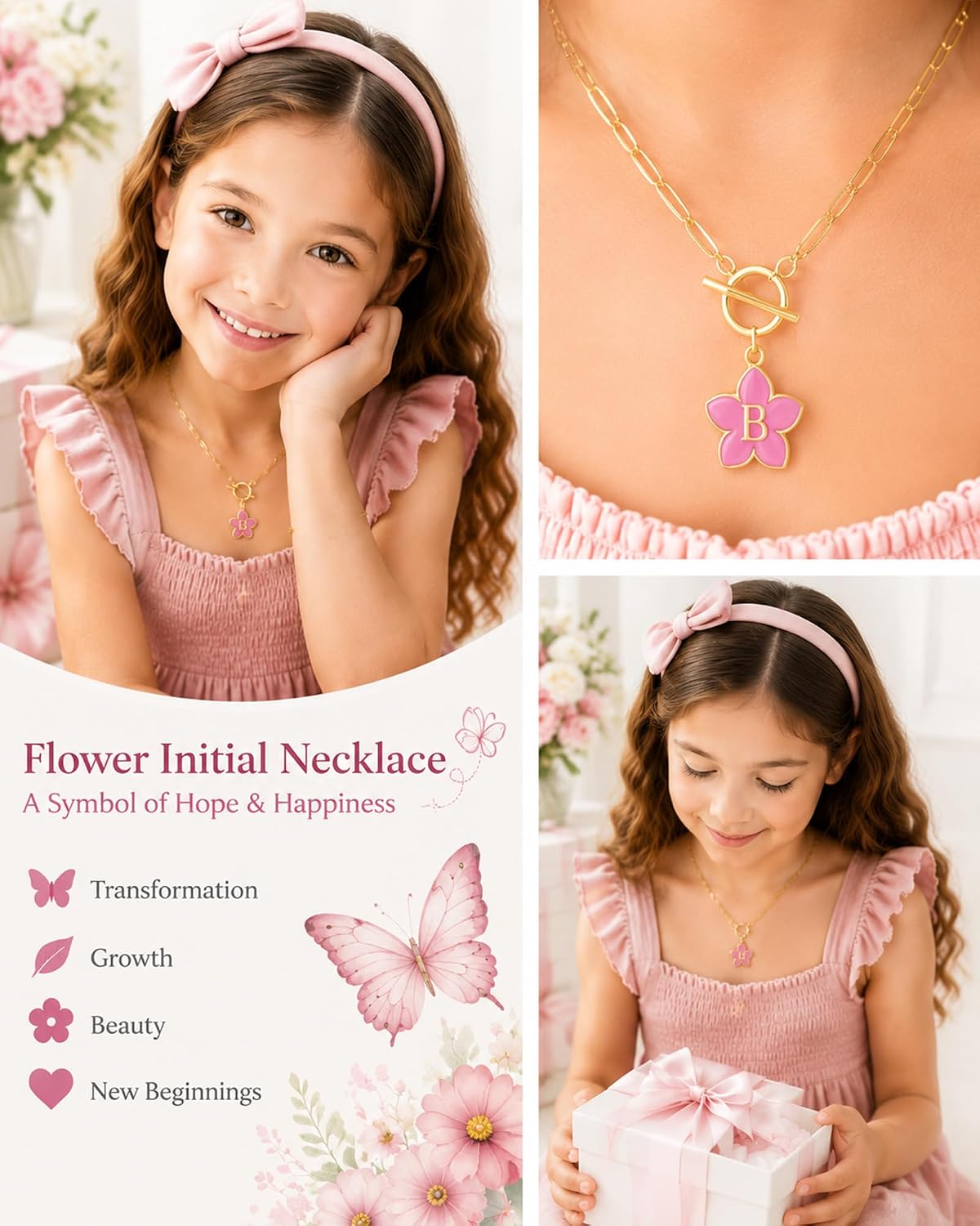 Flower Initial Necklace for Women Trendy Fashion 14K Gold Plated Toggle Clasp Paperclip Hibiscus Necklace Summer Black/Purple/Pink Flower Jewelry Gift image 2