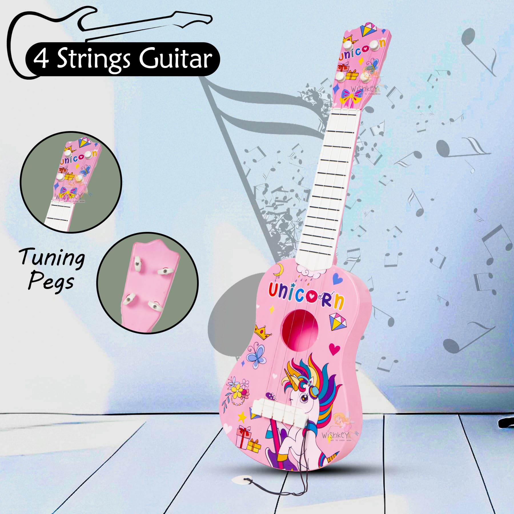 WISHKEY Unicorn Theme Guitar 4 Strings Acoustic Music Toys for Kids, Educational Toy Guitar for Beginners, Musical Instrument, Learning Musical Toy, Sound Toys, Pink, 6+Years, 22" (Pack of 1) - Image 5 thumbnail