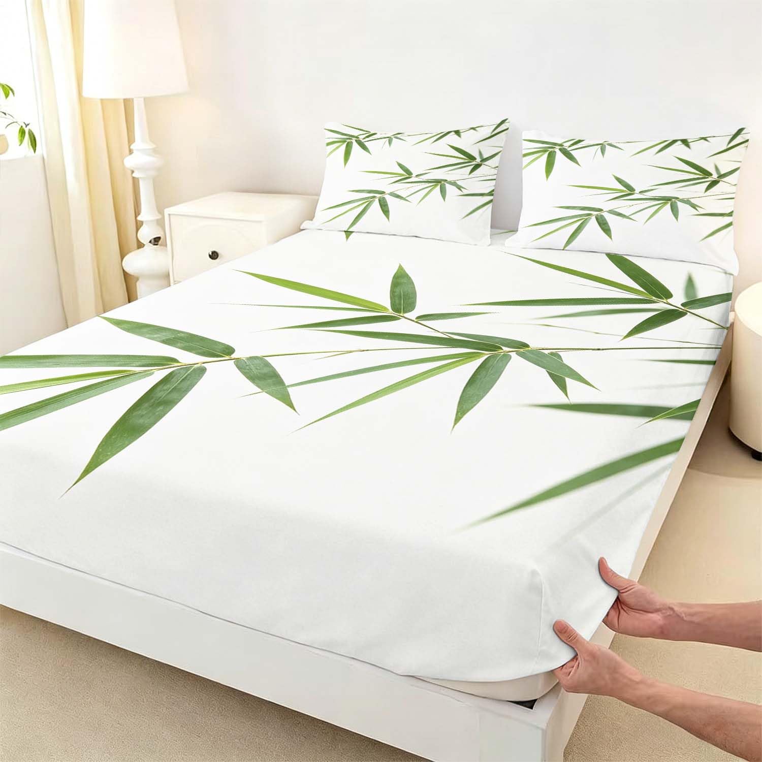 Drap Housse 180x200 cm Thème Chinois 3D Drap-Housse Bambou Draps Housses Microfibre 2 Personnes avec 2 Taie d'oreillers pour Matelas Épais XCW6069
