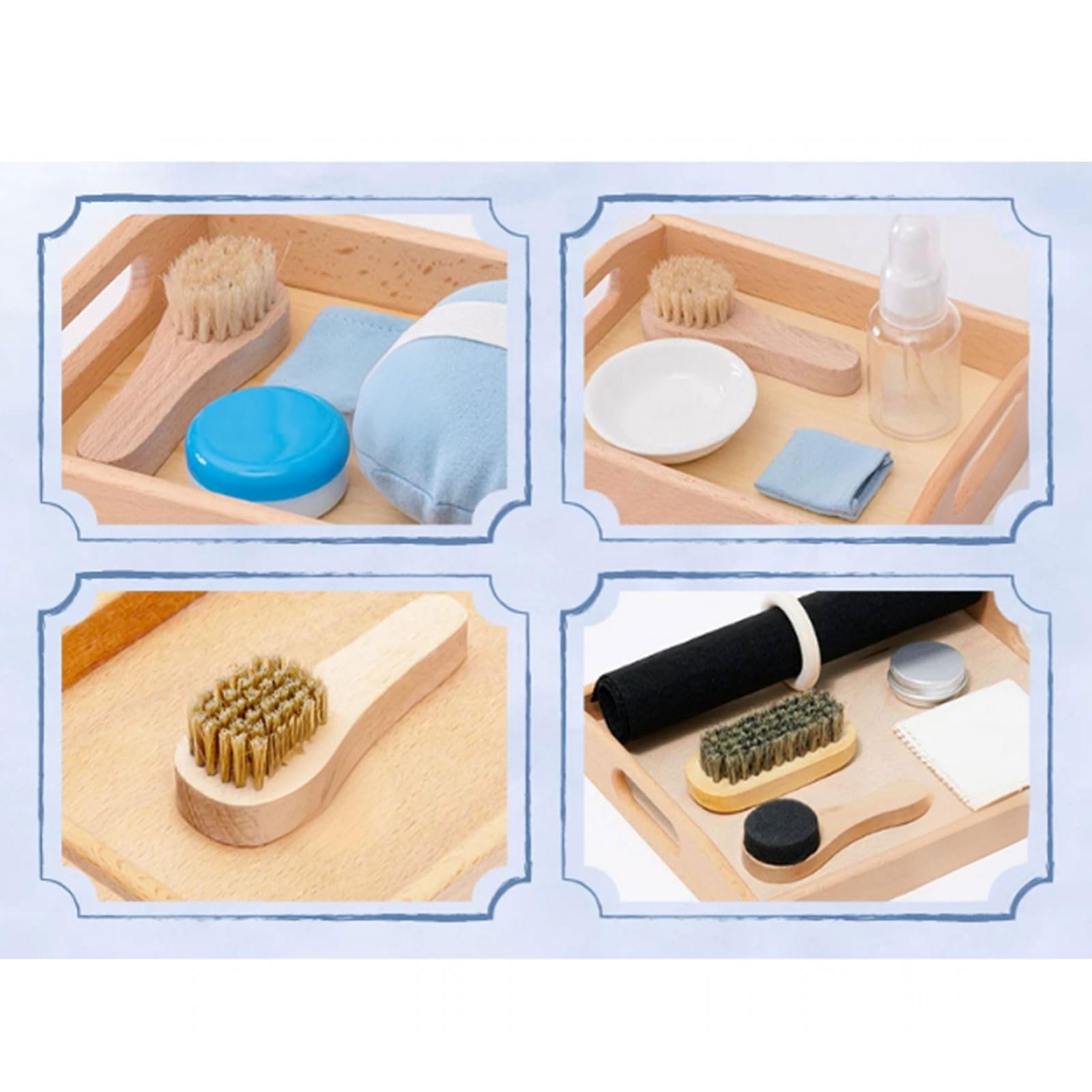 Montessori Reinigungsbürsten-Set für Kleinkinder, Holz-Schuhpflege-Set mit Tablett, Feinmotorik- und Hand-Auge-Koordination Spielzeug,Polish Shoes