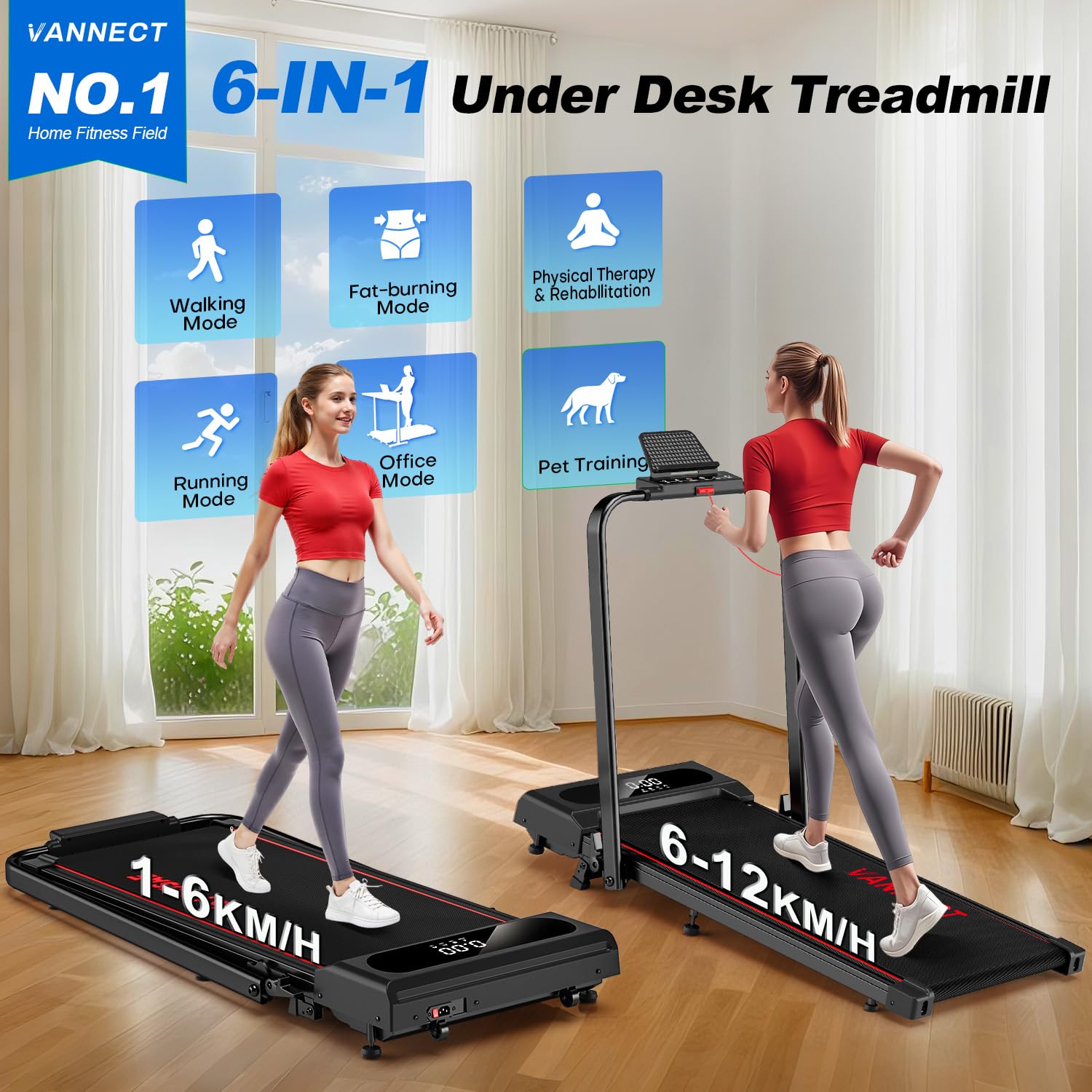 Tapis De Course Pliable VANNECT 6-en-1 – Inclinaison 9 %, Moteur 2,75 CV, LED, Appli, 160 Kg