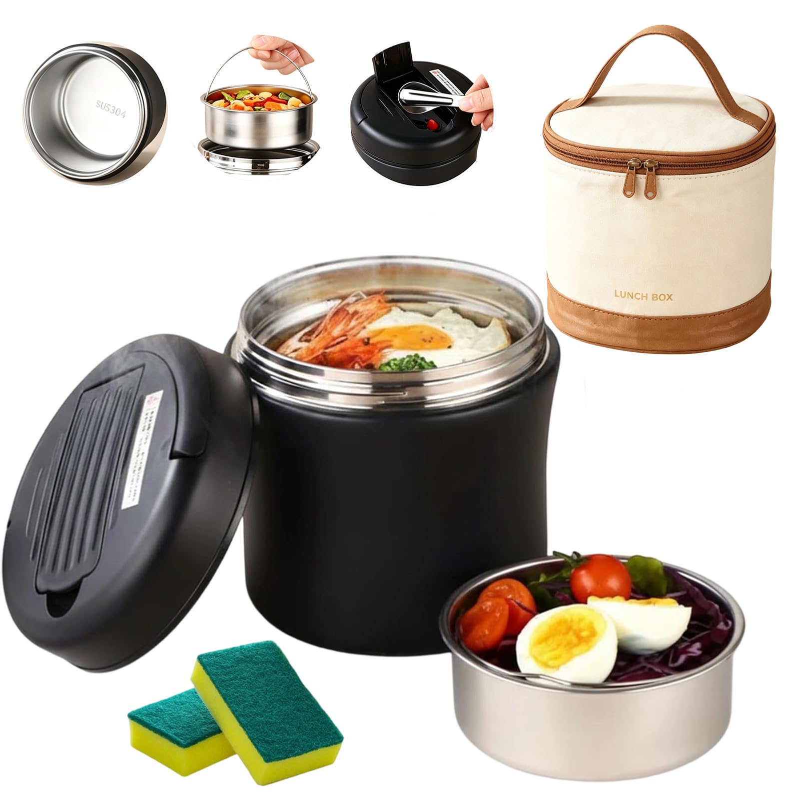 fjaldjfu Food flasks for hot food soup flask, Stainless Steel lunch box (1.5L,black-Insulated bag)