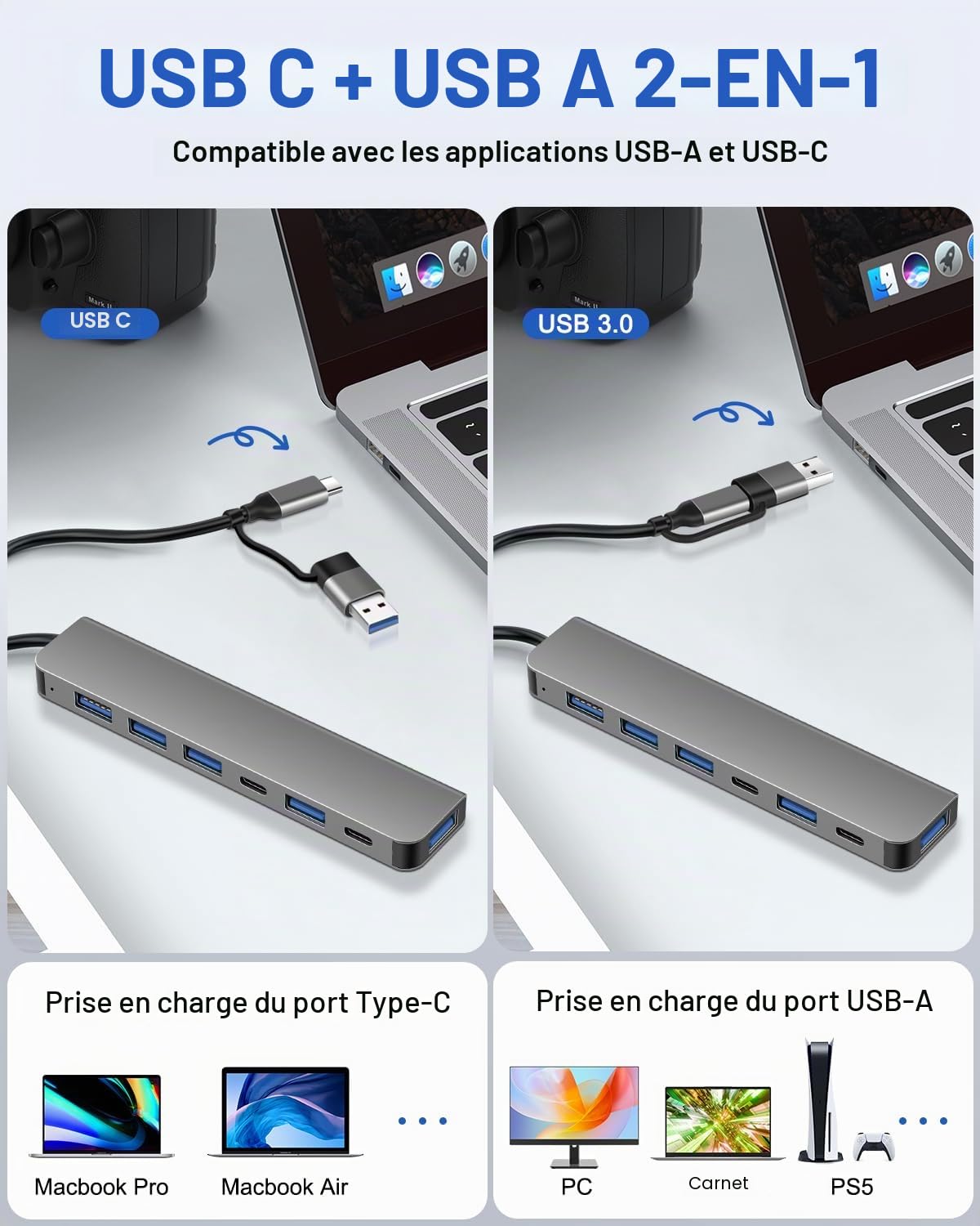 Hub USB 7-en-1 Double-Tête, Connecteur USB-A & USB-C, 1× USB 3.0, 4× USB 2.0, 2× USB-C, Adaptateur Haute Vitesse