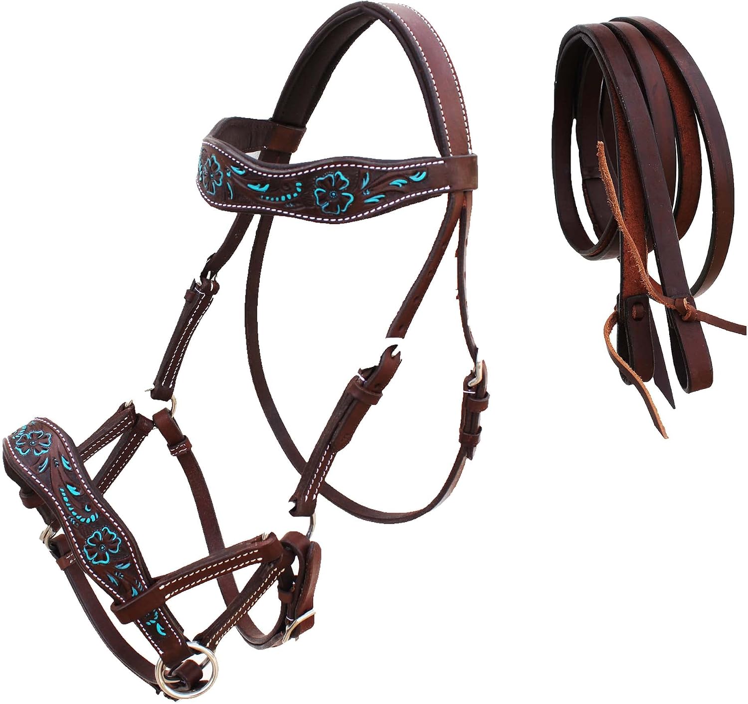CHALLENGER Horse Western Leather Floral Tooled Bitless Sidepull Bridle Split Reins 77RS38BR