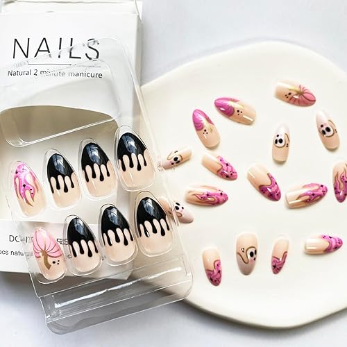 Miniatura 2 de Uñas postizas a presión de Halloween, uñas postizas con punta francesa, uñas postizas con forma de almendra, uñas acrílicas de cobertura completa,