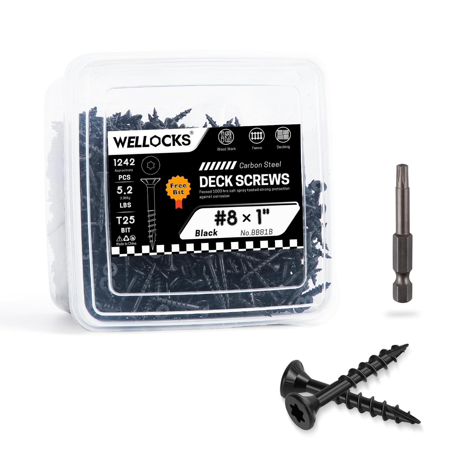 WELLOCKS Lot de 1 242 vis à bois de 2,5 cm, noires #8 x 2,5 cm, résistantes à la rouille, revêtement époxy, plus de 1 000 heures avec embout étoile Torx T25 inclus pour clôture en bois extérieure
