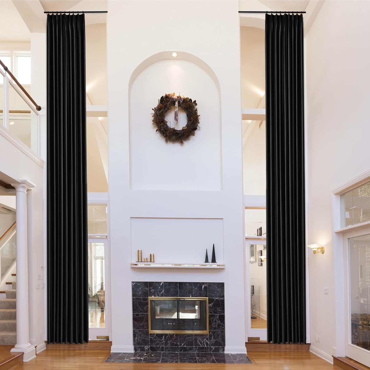 Fcosie Extra Long Pinch Pleat Drapery - Custom Made Soft Velvet Drapes 10 to 24 feet Length - Room Darkening Window Panels in Black - High Curtains for Living Room, 52" Wide by 180" Long, 2 Panels