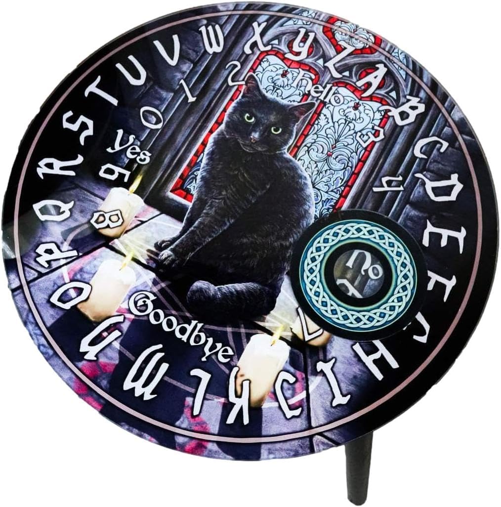 Ebros Occultic Wicca Lisa Parker Sacred Circle Black Cat Ouija Spirit Board with Round Planchette 16" Tall Round Side Table Gaming Furniture Metaphysical Spiritualist Decorative Tables