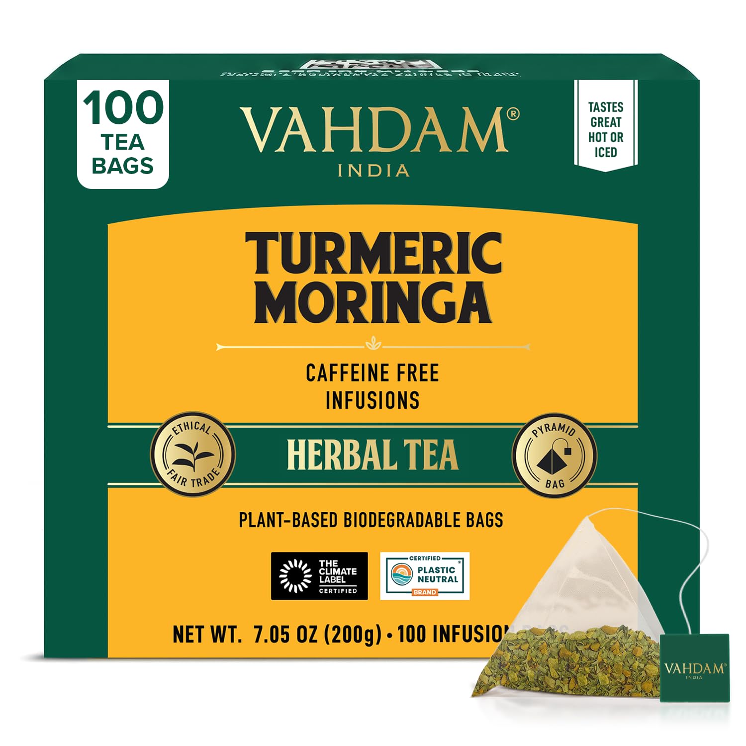 VAHDAM, Turmeric Moringa Tea Bags (100 Herbal Tea Bags) Caffeine Free, Non GMO | 100% Pure Herbal Blend - Sweet & Earthy | Resealable Ziplock Pouch Turmeric Moringa Herbal Tea 100 Count (Pack of 1)