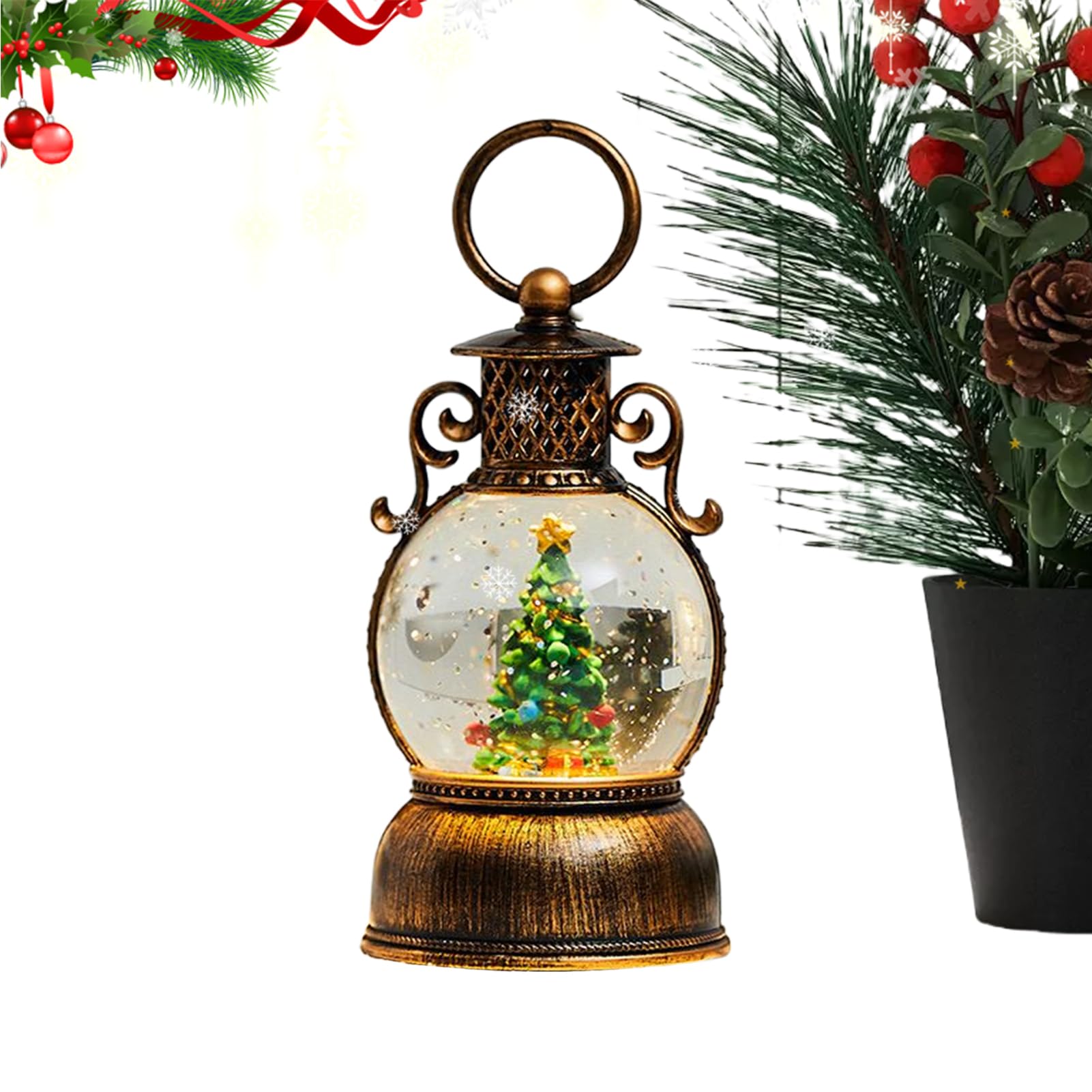 Linterna de globo de nieve de Navidad retro con escena brillante y elegante para decorar el mantel