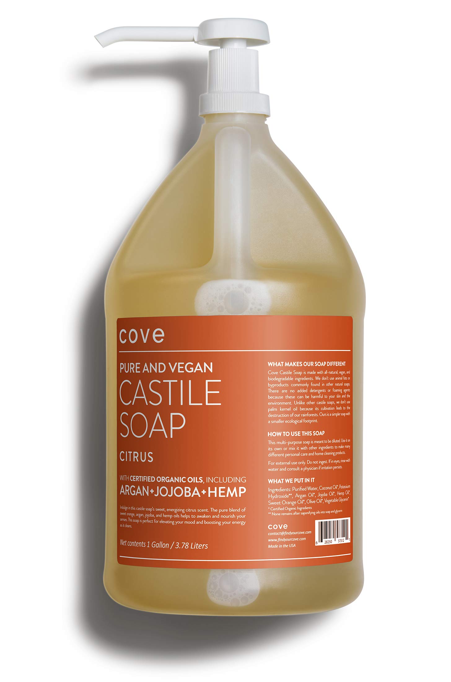 CoveCastile Soap Citrus - 1 Gallon With Pump - Organic Argan, Jojoba, & Hemp Oils