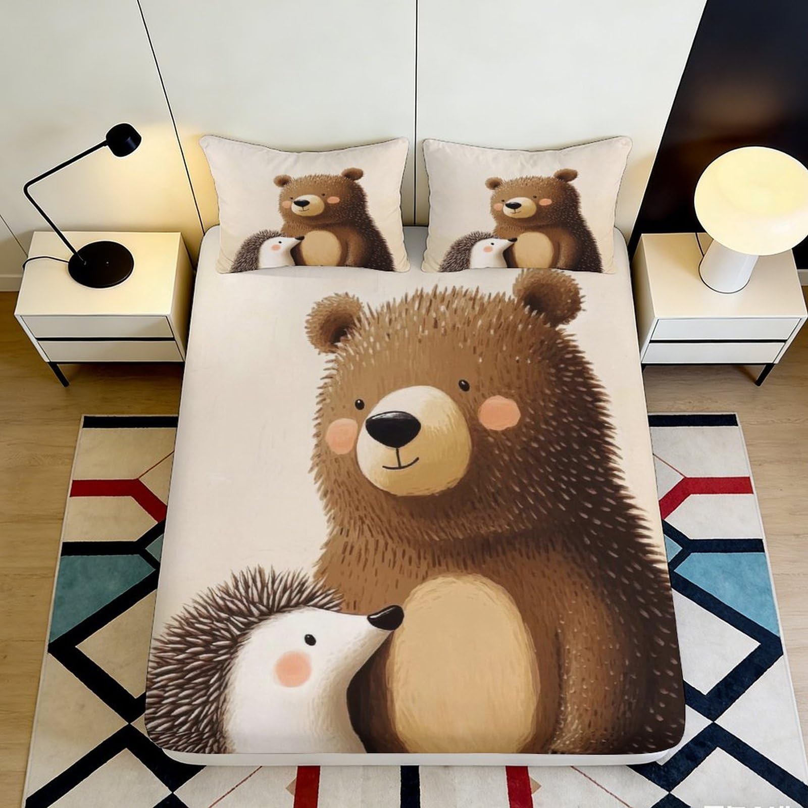 3D Printed Cartoon Bear Hedgehog Fitted Sheet Microfiber Deep Pocket Non-Slip Bedroom Bedding Cartoon Mattress Fitted Cover Washable 160x200x25cm