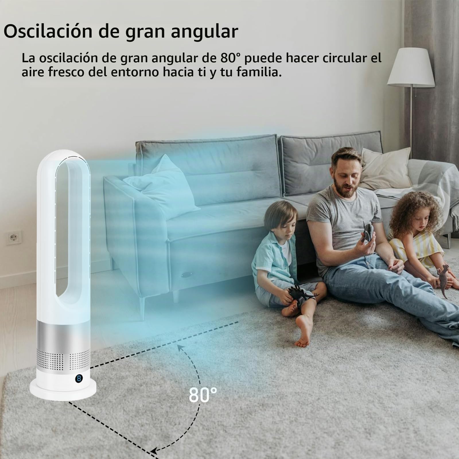 EZSMART Ventilador sin aspas, 66CM 80° oscilante Ventilador de torre control remoto, 8H-Timer, 8 niveles de ventilación, Ventilador de pedestal silencioso y táctil para dormitorio de oficina