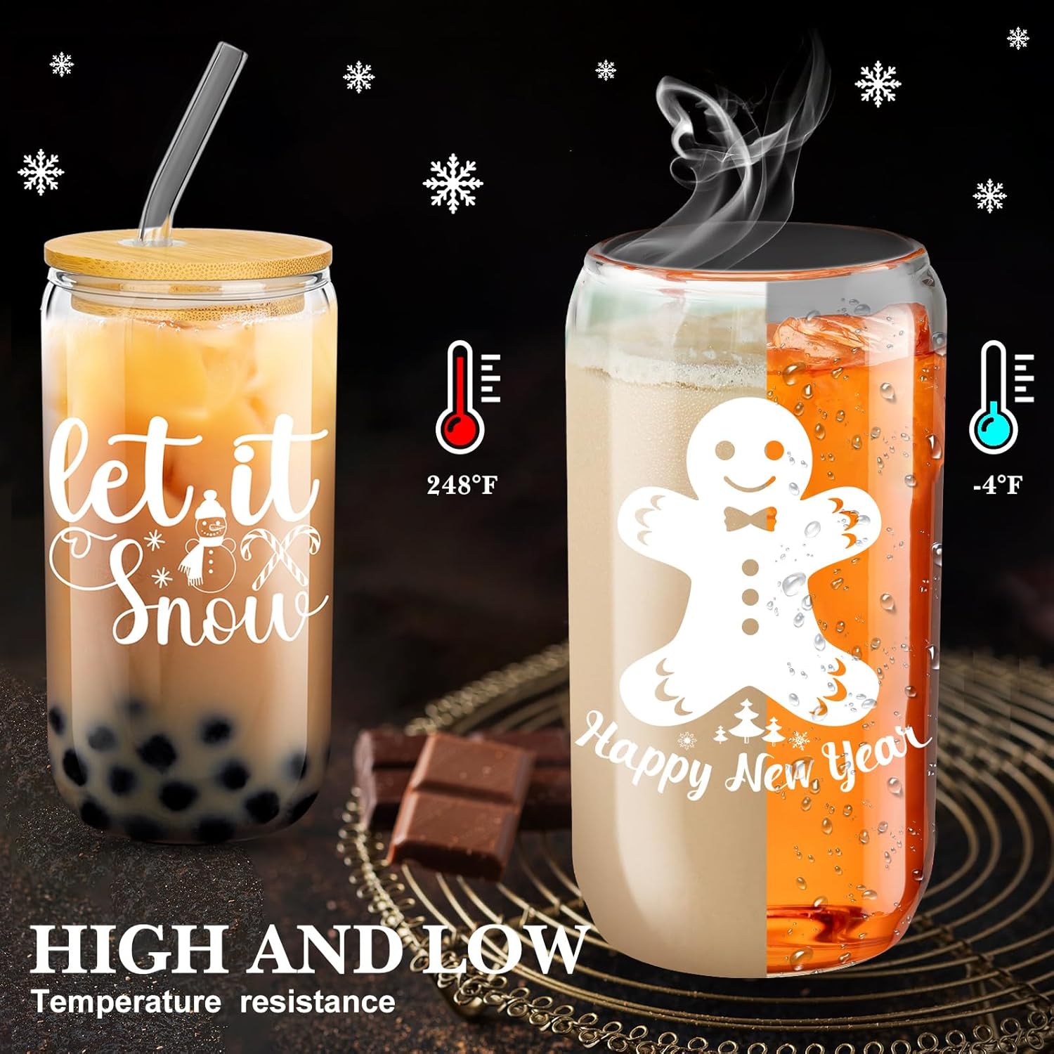 Umigy 8 Pack Christmas Glass Cups 16 oz Christmas Drinking Glasses Tumblers with Lids and Straws Drinkware Glassware Beer Can Shaped Iced Coffee Drinkware Mason Jar Cups for Xmas Gift Party Decor