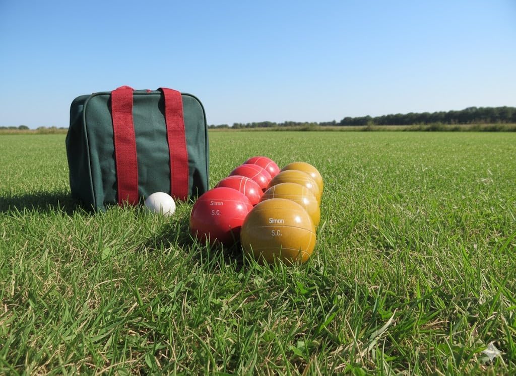 BuyBocceBalls Listing - Made in USA, Premium Quality Engraved Tournament Bocce Set, 998 Grams (2 lbs. 3.2 oz.). Various Bag Colors - 110mm Light Red and Gold Balls, Nylon Bag