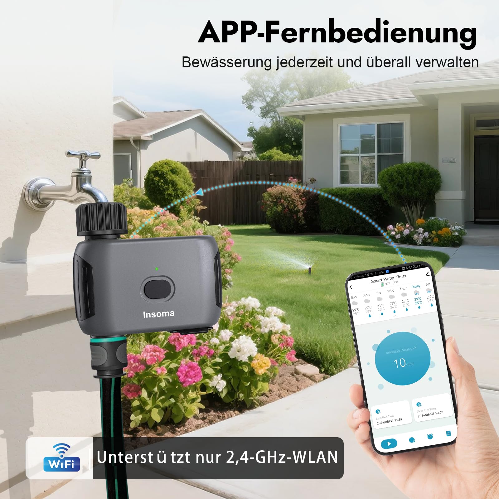 Insoma WiFi-Wasser-Timer, Outdoor-WiFi-Schlauch-Timer für Gartenwasserhahn mit Auto-/Manuell-/Regenverzögerungsmodus, Sprinkler-Bewässerungs-Timer für Rasenflächen