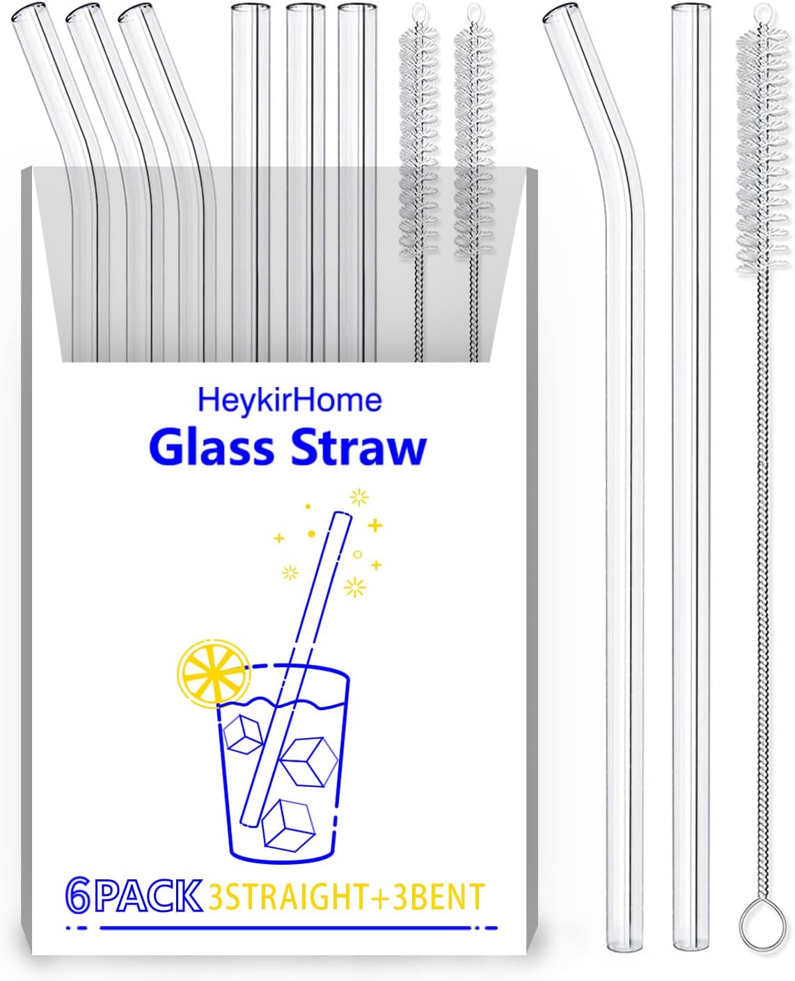 HeykirHome 6-Pack Reusable Glass Straw-Transparent,Size 8''x10 MM,Including 3 Straight and 3 Bent with 2 Cleaning Brush- Perfect For Smoothies, Tea, Juice-Clear