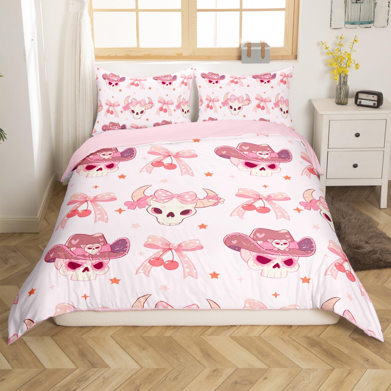Manfei Cartoon Cowgirl Skull Duvet Cover Toddler for Kids Teens,Kids Girly Pink Bowknot 2 Pieces Duvet Cover,Lovely Westerm Cow Skull Comforter Cover (Not Comforter),Dreamy Cherry Bow Quilt Cover