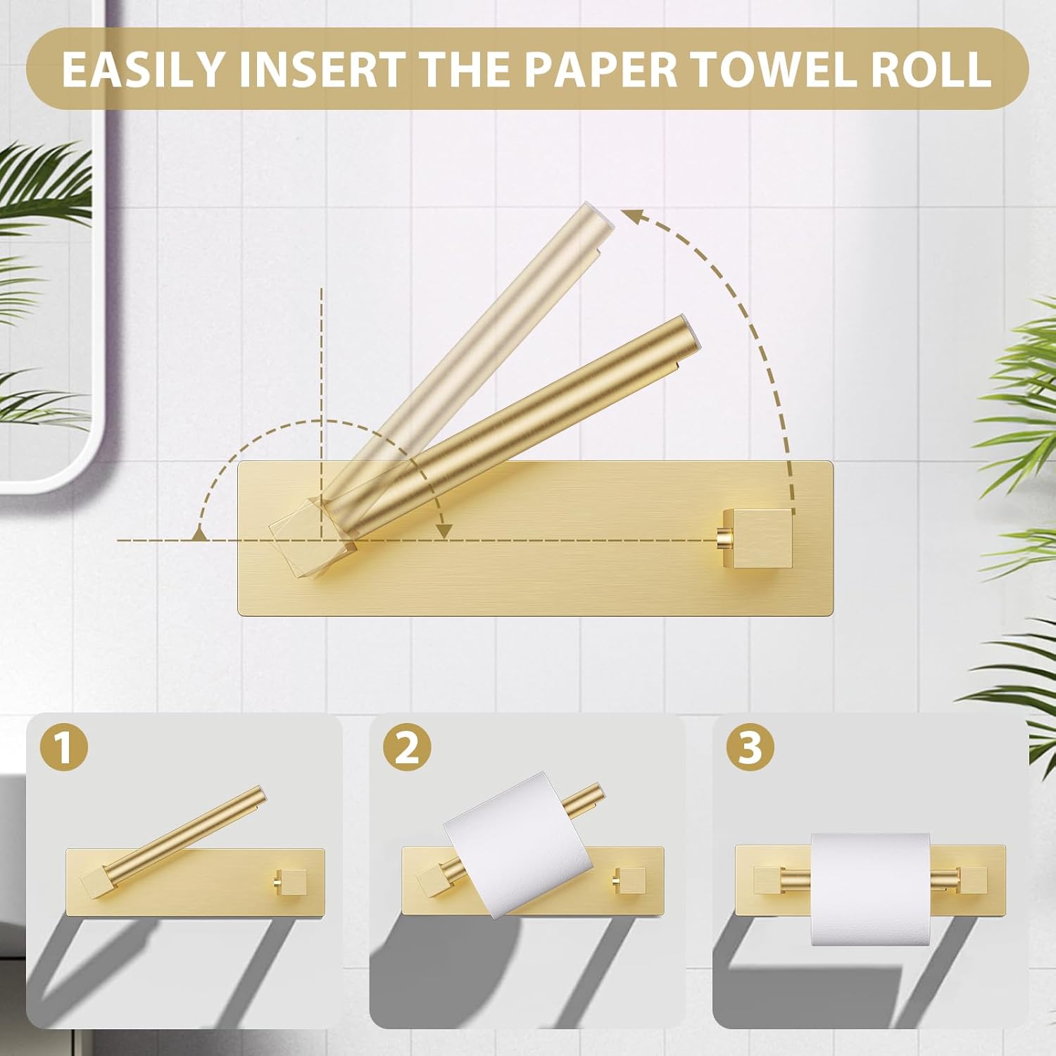 Brushed Gold Self Adhesive Toilet Paper Holder, Stainless Steel Bathroom Toilet Paper Holder Stick On Wall Mount, Commercial Toilet Paper Dispenser Peel and Stick Toilet Paper Holder Adhesive