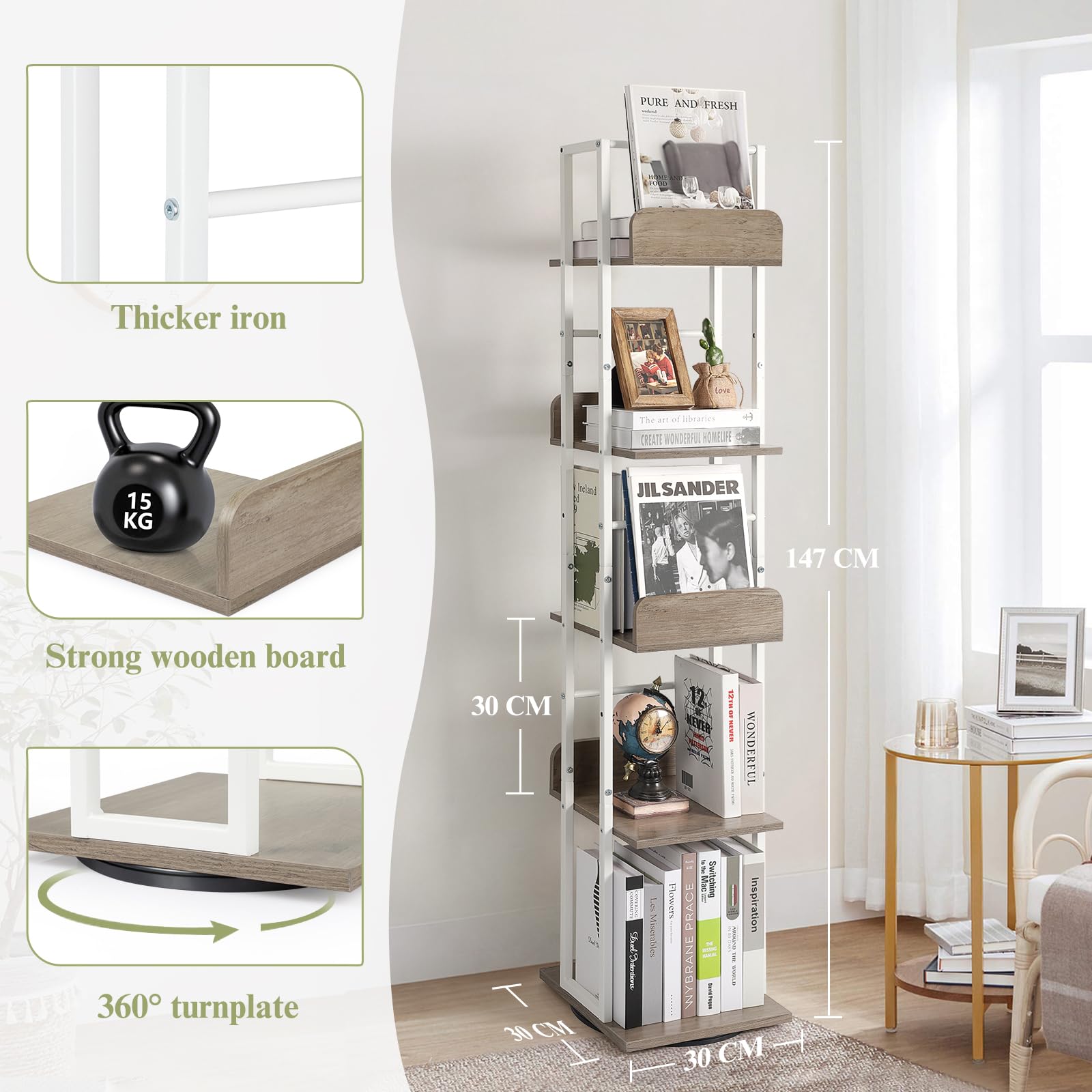 Generisch 360° draaibare boekenplank, vloerstandaard boekenkast van hout, boekenplank met 5 niveaus, verstelbare niveaus, vrijstaand rek, 45×45×160cm, wit Generisch 360° draaibare boekenplank, vloerstandaard boekenkast van hout, boekenplank met 5 niveaus, verstelbare niveaus, vrijstaand rek, 45×45×160cm, wit