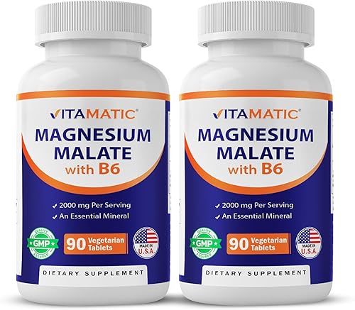Vitamatic Malato de magnesio 2000 mg por porción - 90 tabletas vegetarianas - B6 añadido para una máxima absorción - Apoya la salud muscular,