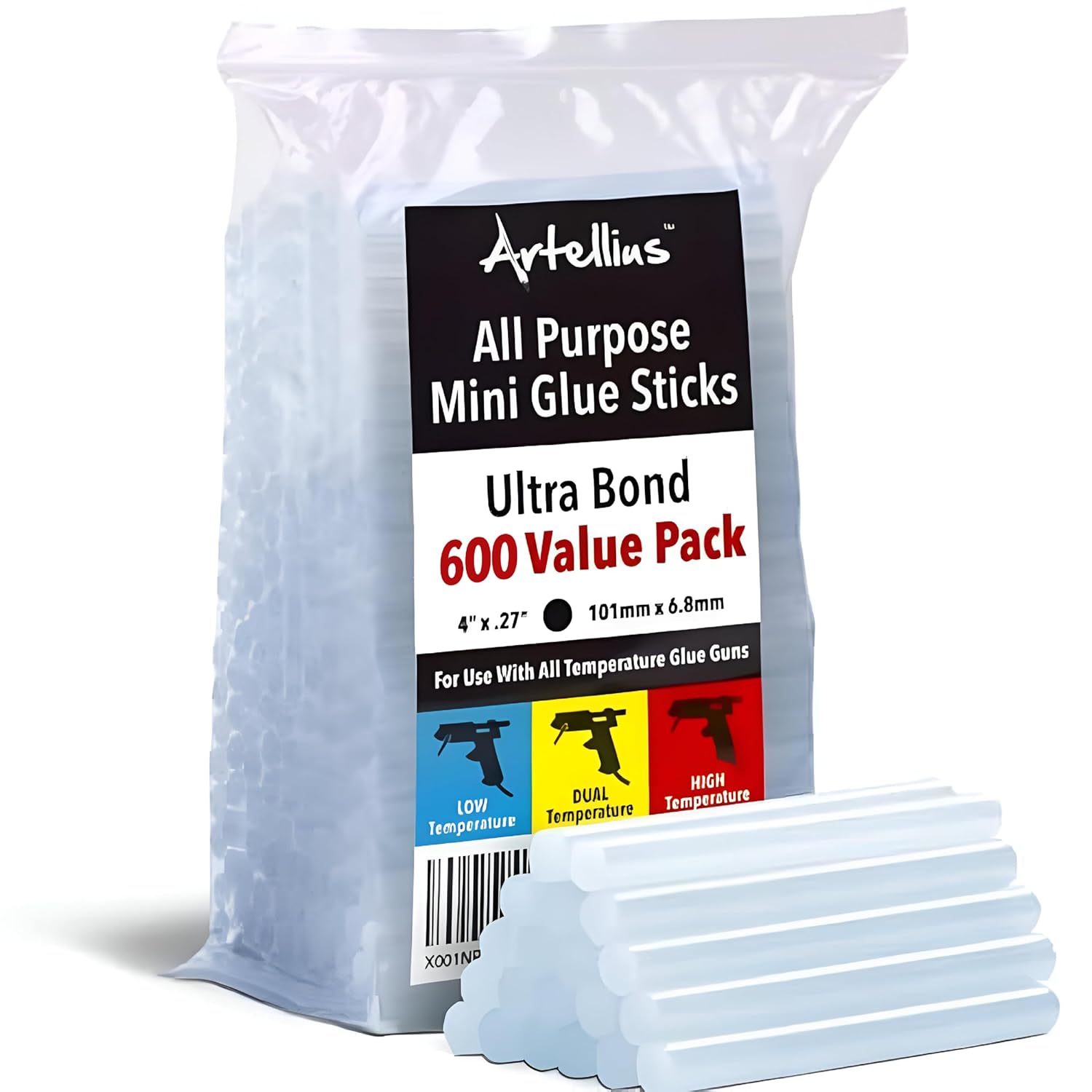 Artellius Mini Hot Glue Sticks - Clear, 600 Count, 4 in L x 0.27 in Dia - Fits Most Guns & Hot Melt Tools - Craft & Fabric Adhesive Sticks for DIY, School & Kids Projects