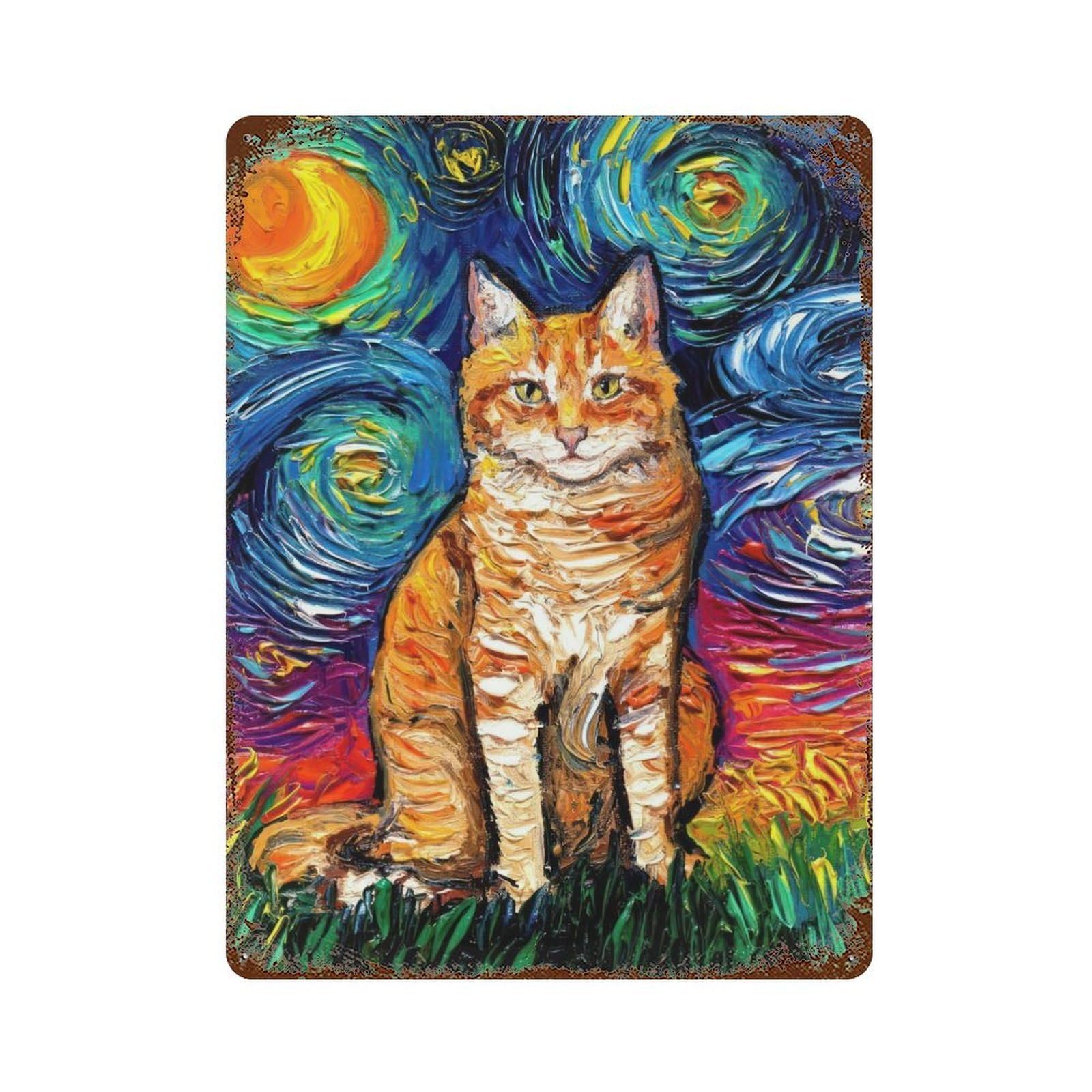 The Starry Night Black Cat 15.7"x11.8" Rusty Metal Tin Sign, Novelty Wall Decor for Cafe, Home Bar And Lounge Decor
