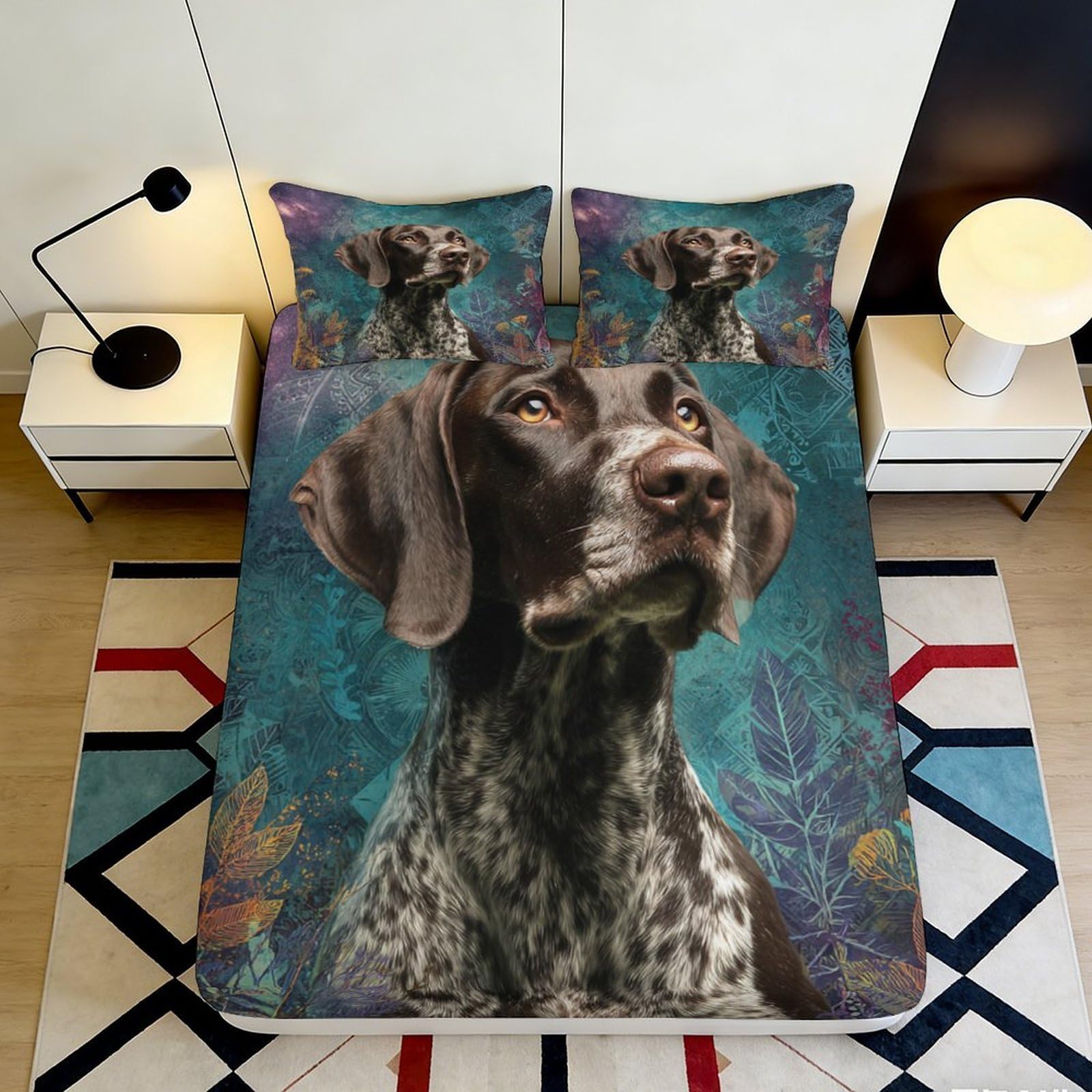 3D Printed German Shorthaired Pointer Fitted Sheet Microfiber Soft Mattress Cover Forest Leaves Bedroom Decor 90x200x25cm