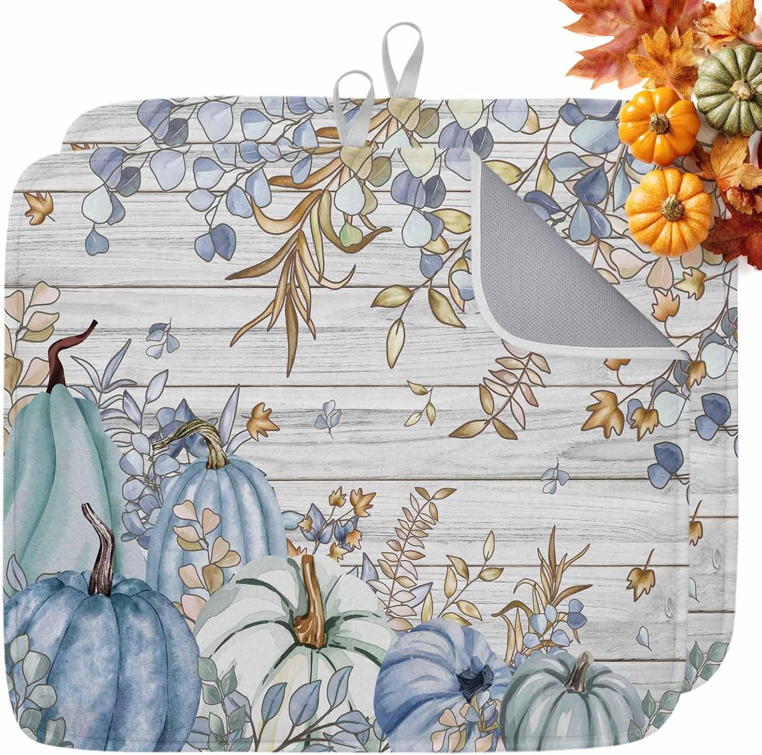 Dish Drying Mat for Kitchen Counter Thanksgiving Rustic Blue Pumpkins Wood Grain Highly Absorbent Dish Drainer 18 x 24 Inches Dish Drying Pad for Kitchen Counter, Sink, Draining Racks 2PCS