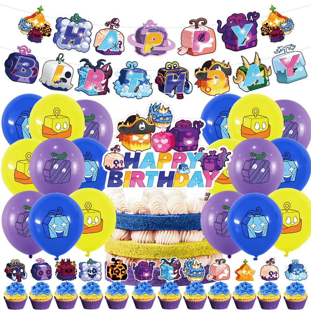 Bl-Ox Fruits Theme Party Decoration, 32 pcs - Banners, Balloons, Cake Decorations, Cupcake Toppers - Red, Green, Blue, Yellow - Bl-Ox Fruits Birthday Party Supplies