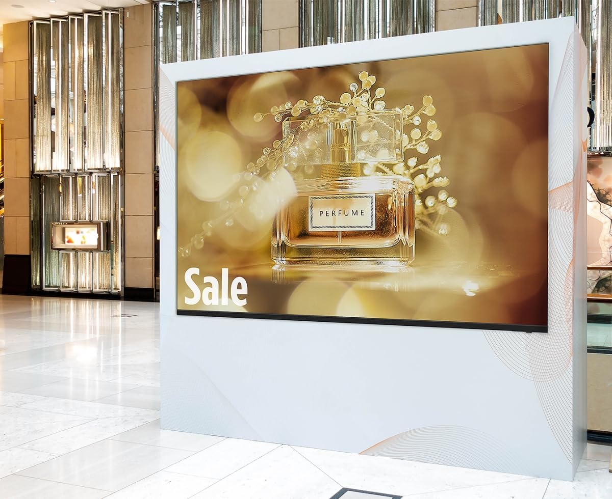 Sharp NEC 86-inch Professional Display showing a perfume advertisement in a commercial setting.