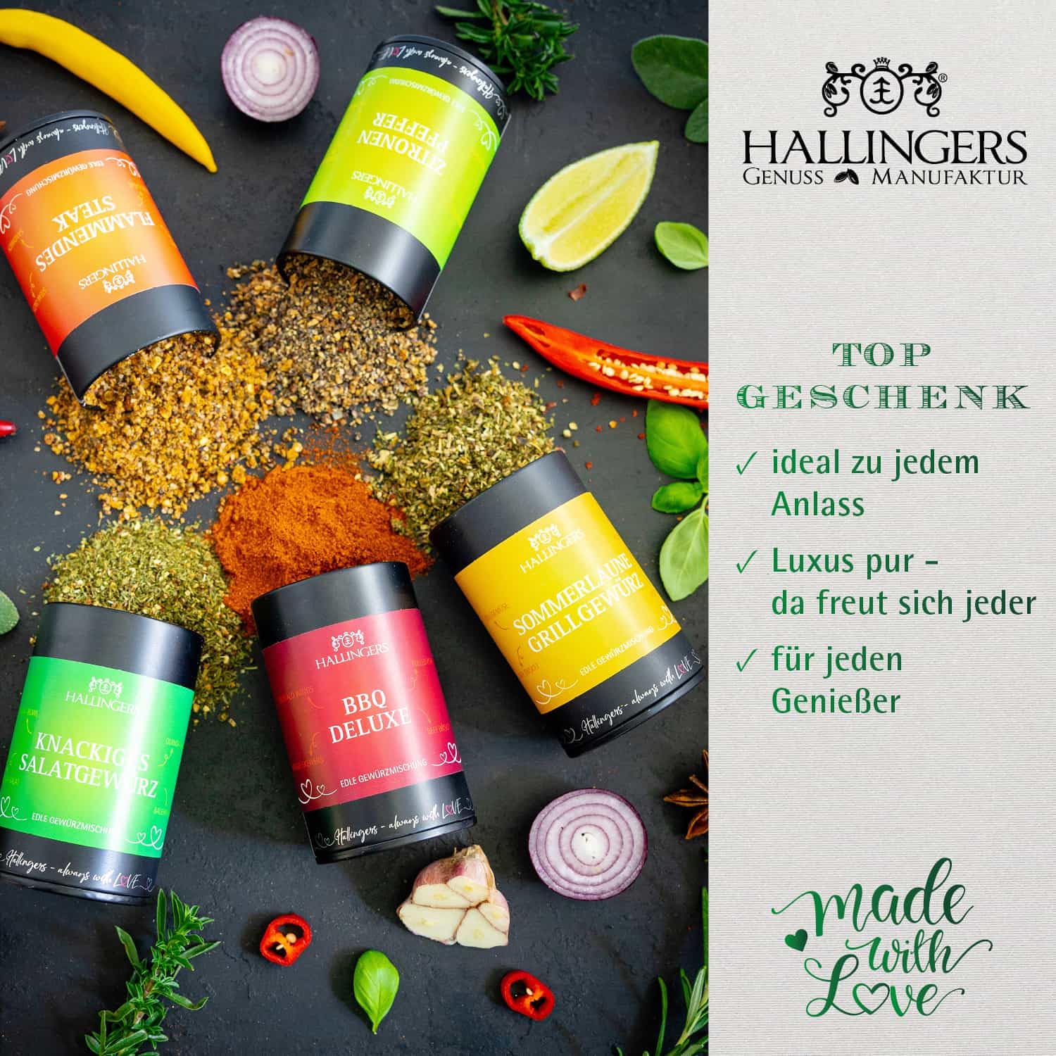 Hallingers Genuss Manufaktur Gewürz Geschenk-Set - Selektion unserer Besteller als Probierset in edlen Aromadosen & Tragetasche "Best of BBQ", Geschenkidee für Frauen Männer