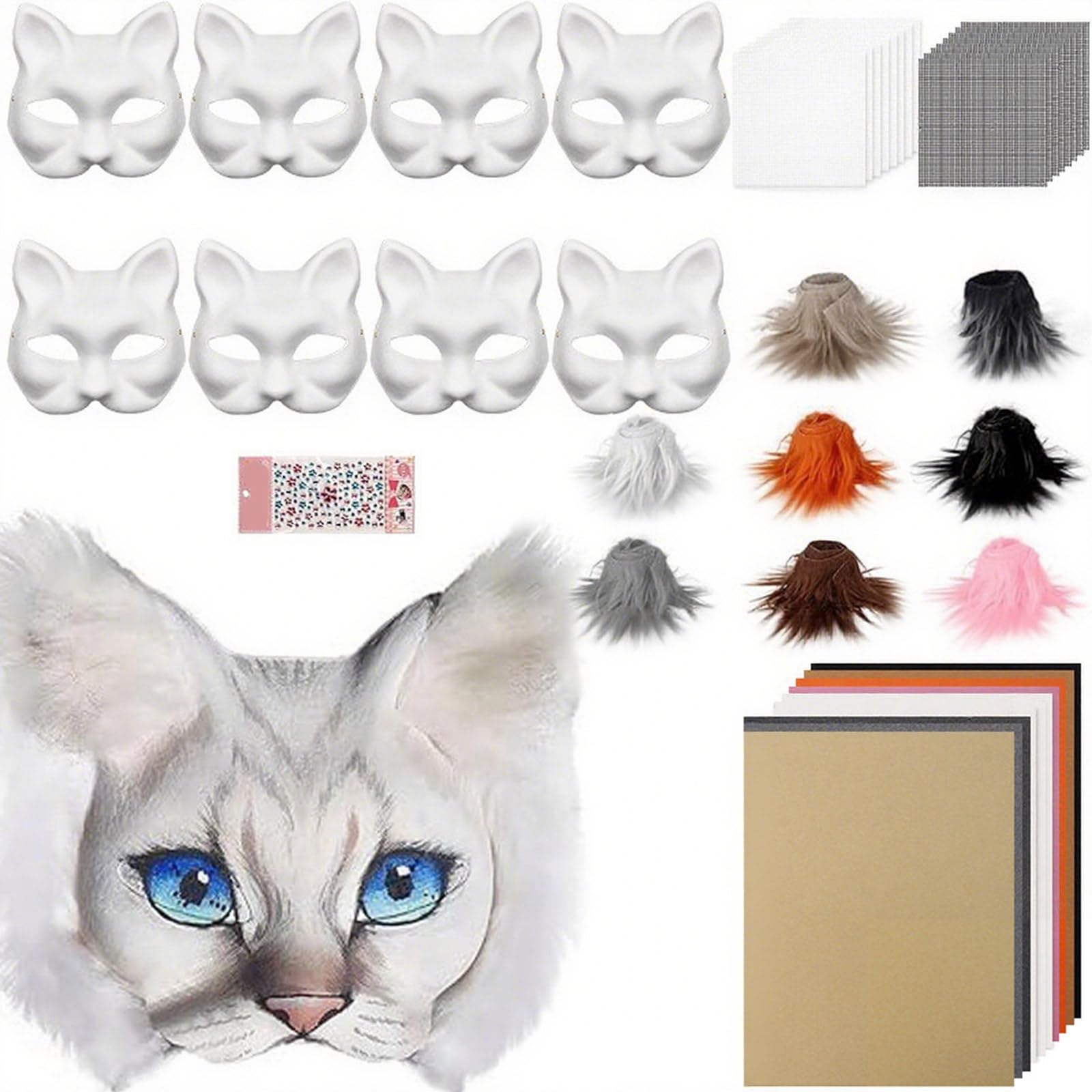 Masque de Therians avec fourrure et filet pour les yeux DIY Therians Base pour peindre les chats avec des poils