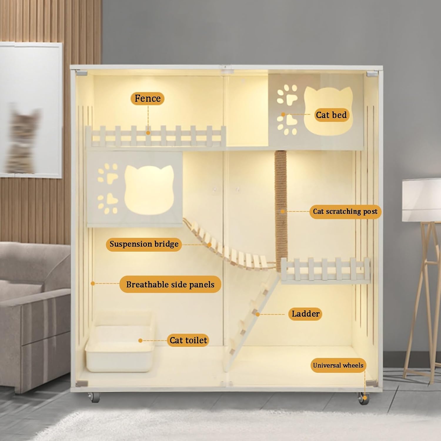 Cat Enclosures, Solid WoodCat Cage, Extra Large Double-Decker Cat Cage Villa, White DIY Cat Playpen with Door, Side Panel Breathable Design(47.2x47.2/120x120cm)