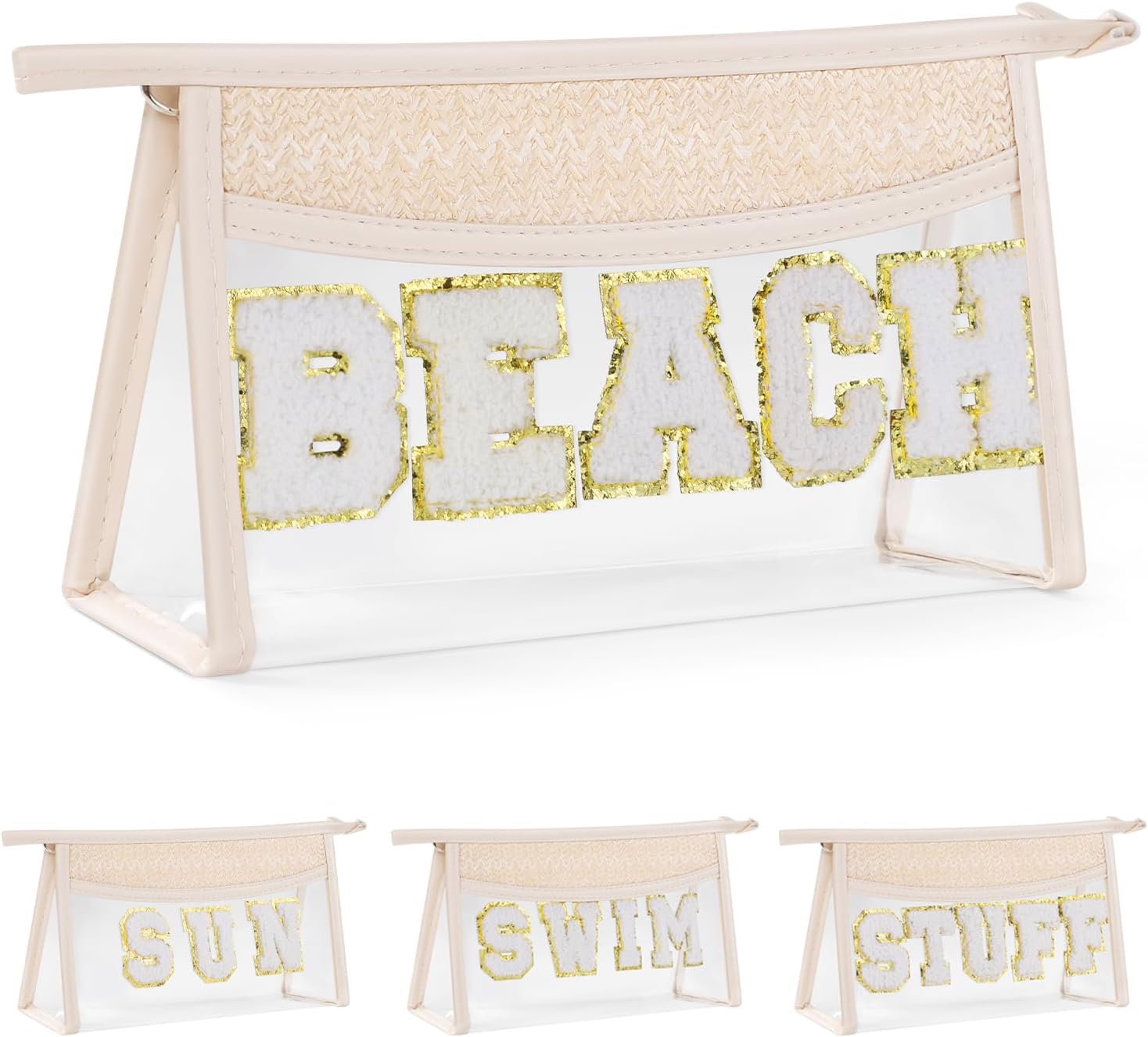 Etercycle Boho Chenille Patch Clear PVC Makeup Bag - Waterproof Beach Toiletry Bag with Zipper for Women Travel Essentials