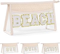 Etercycle Boho Chenille Patch Clear PVC Makeup Bag - Waterproof Beach Toiletry Bag with Zipper for Women Travel Essentials