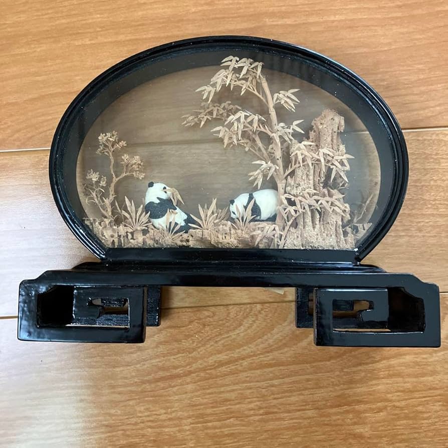 【中国コルク彫刻】 額装 紙箱付希少 20世紀前半 輸出工芸品 N1017F GleamingMetallicKozoPaper_Copp