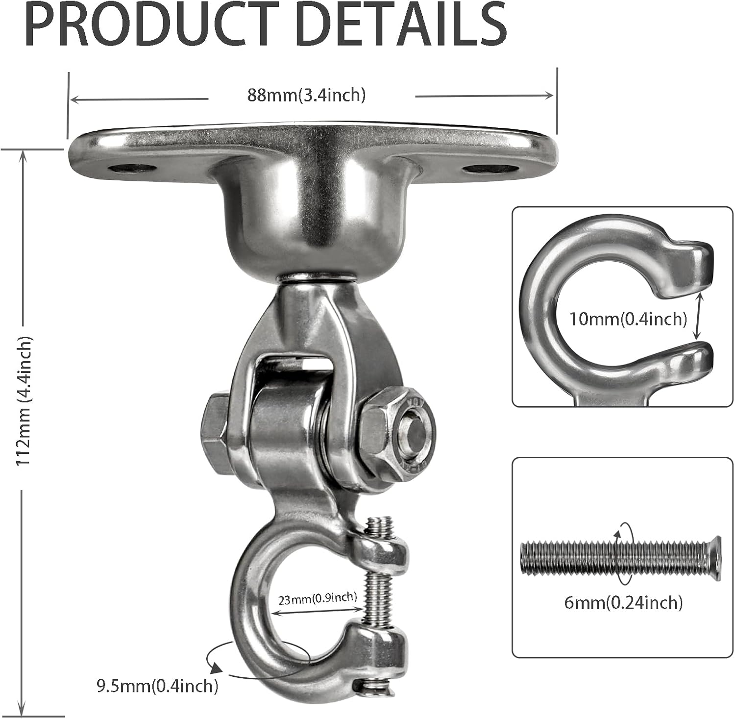 Heavy Duty 304 Stainless Steel Swing Hanger with Silent Ball Bearing, 360° Rotation & 180° Swing, 600 lbs Capacity, for Playground, Swing Set, Hammock, Yoga, Punching Bag