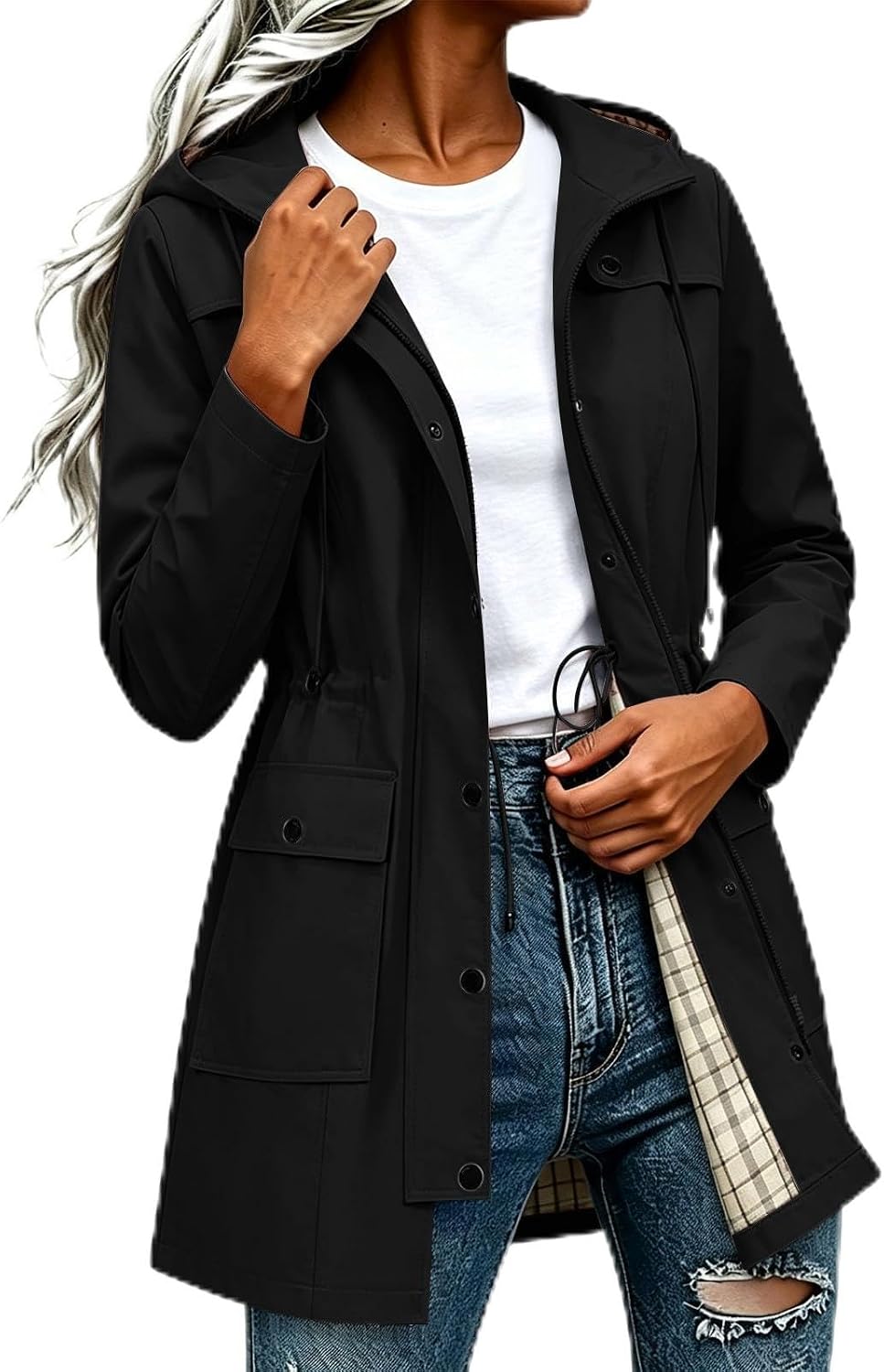 Women's Plaid Lined Long Trench Rain Jacket Waterproof Hooded Snap Button Cinched Waist Windbreaker Outdoor Hiking Coat