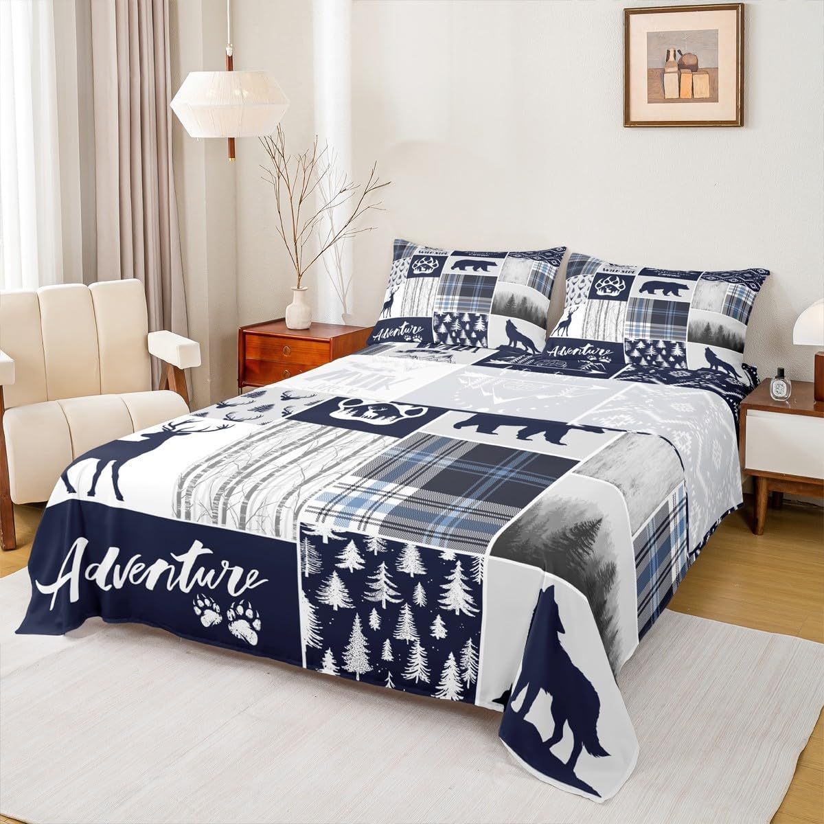 Deer Bear Kids Sheet Queen Size,Wolf Hunting Adventure Rustic Bedding Set for Boys Girls Adults Room Decor,Geometric Plaids Patchwork Blue Xmas Bed Sheet Set 4pcs(Fitted + Flat + 2 Pillowcases)