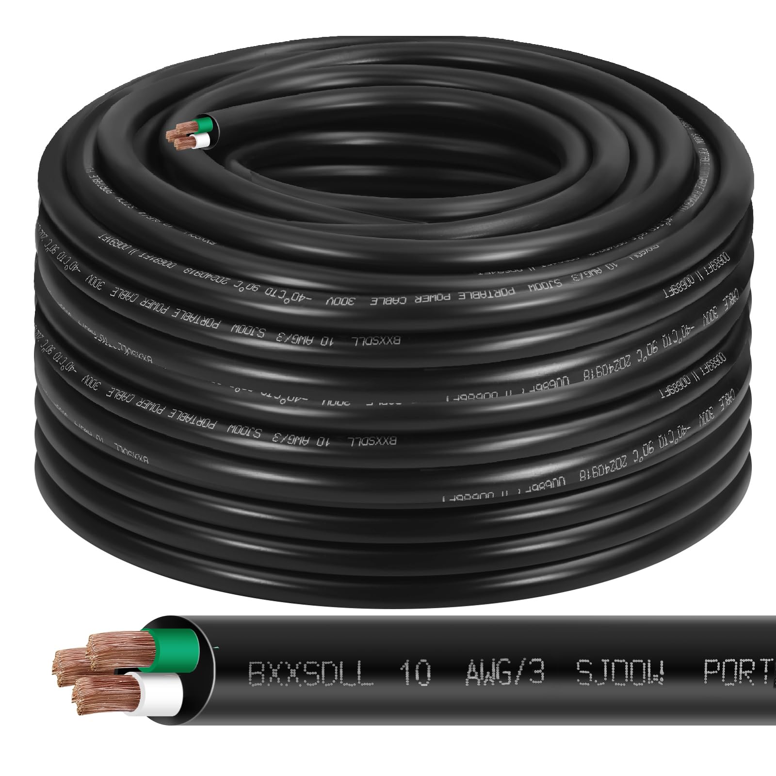 75FT 10/3 SJOOW 300V Wire, 10 AWG 3 Conductor 75FT Portable Power Copper 300V Copper Cord, 10 Gauge 3 Conductor 75 Foot Cable for Motor Leads,