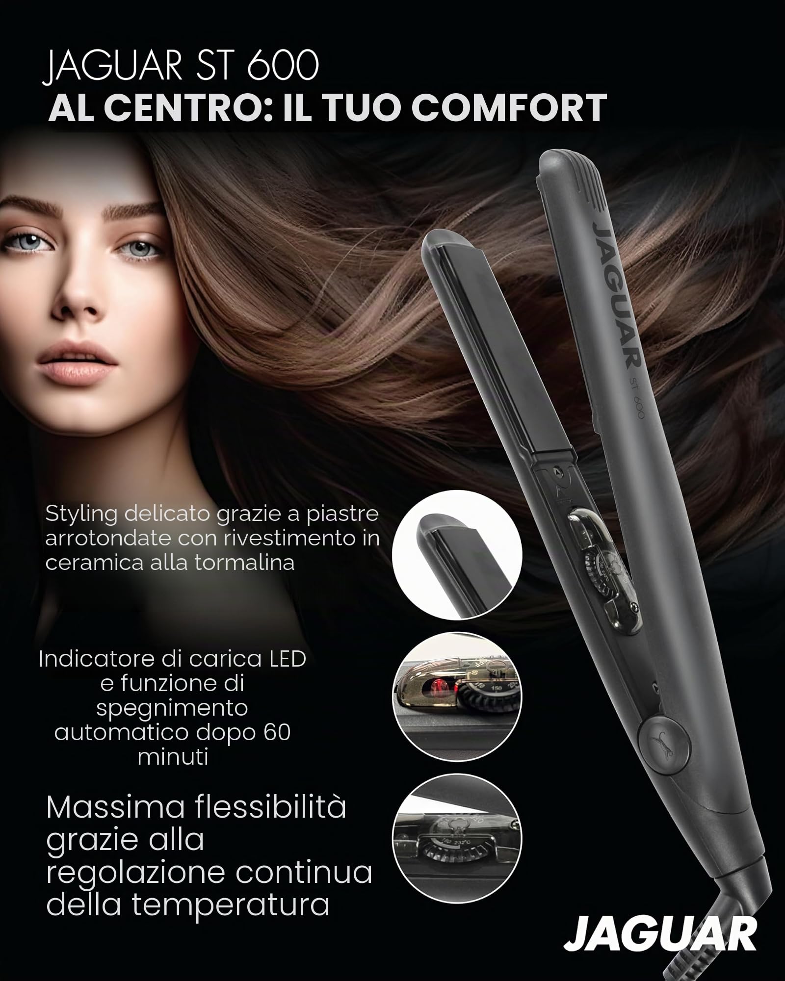 JAGUAR Piastra ST600 Black | Piastra professionale per capelli con regolazione continua della temperatura | Piastre riscaldanti arrotondate e a molla | da un professionista per te