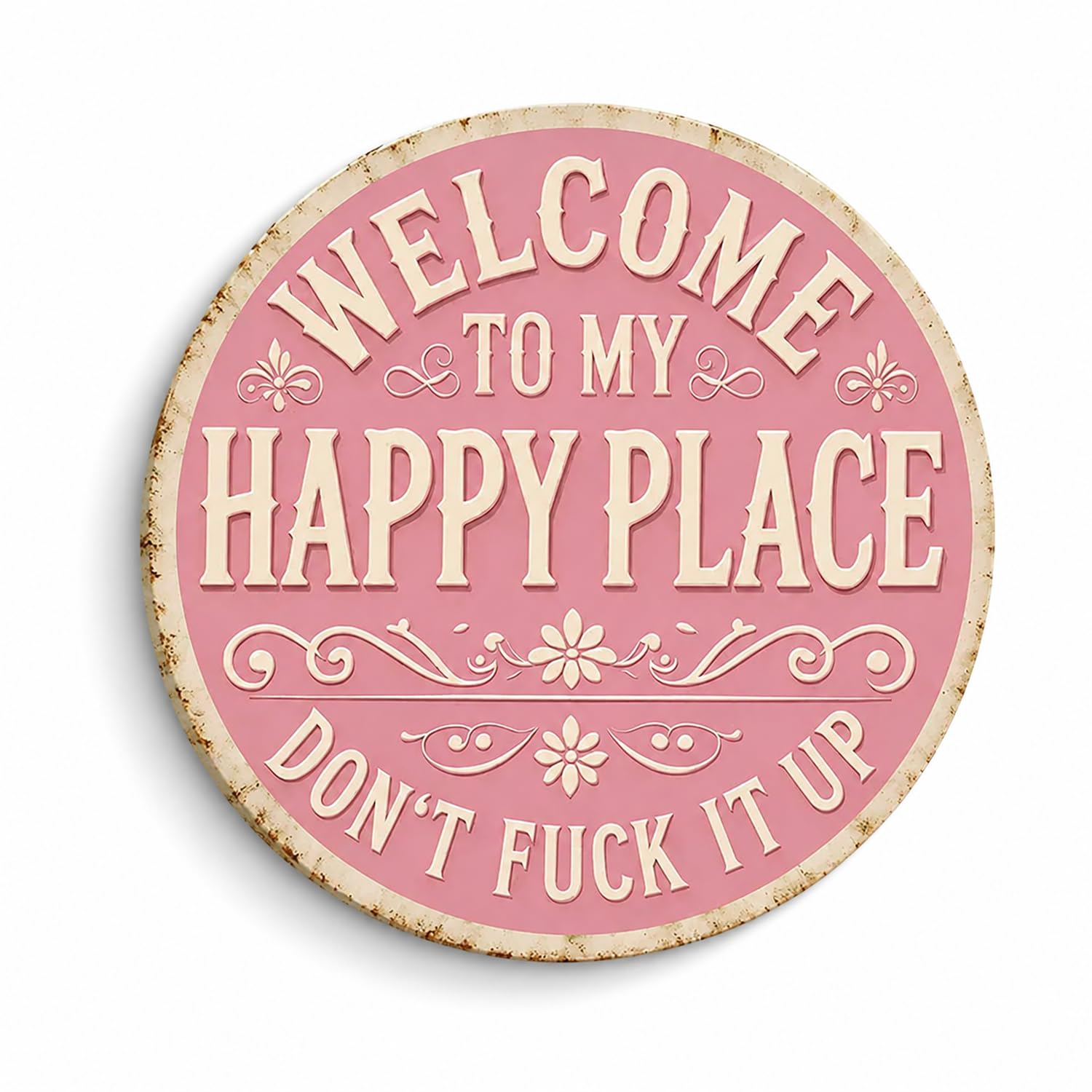 Welcome to My Happy Place Vintage Metal Sign, 20 x 20 cm Round Pink Tinplate Wall Art Plaque, Hanging Metal Signs for Home, Garden, Cafe and Studio, 1 Pc