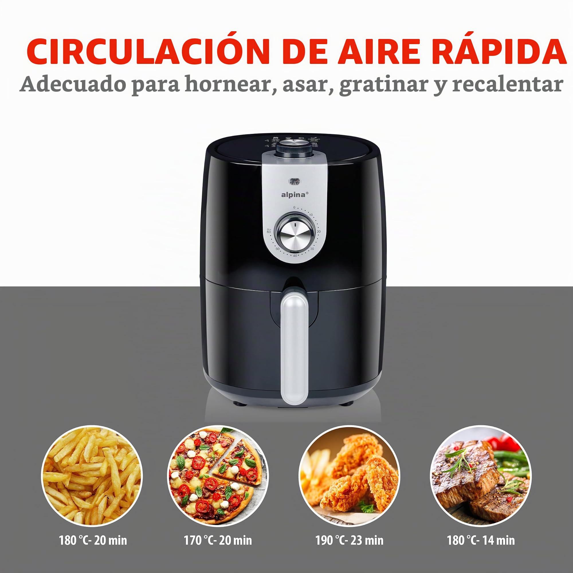 alpina Freidora Aire 2L - Air Fryer Adecuada para 2 a 3 Personas - Freidora sin Aceite con Temporizador y Temperatura Ajustable - Plástico - Negro