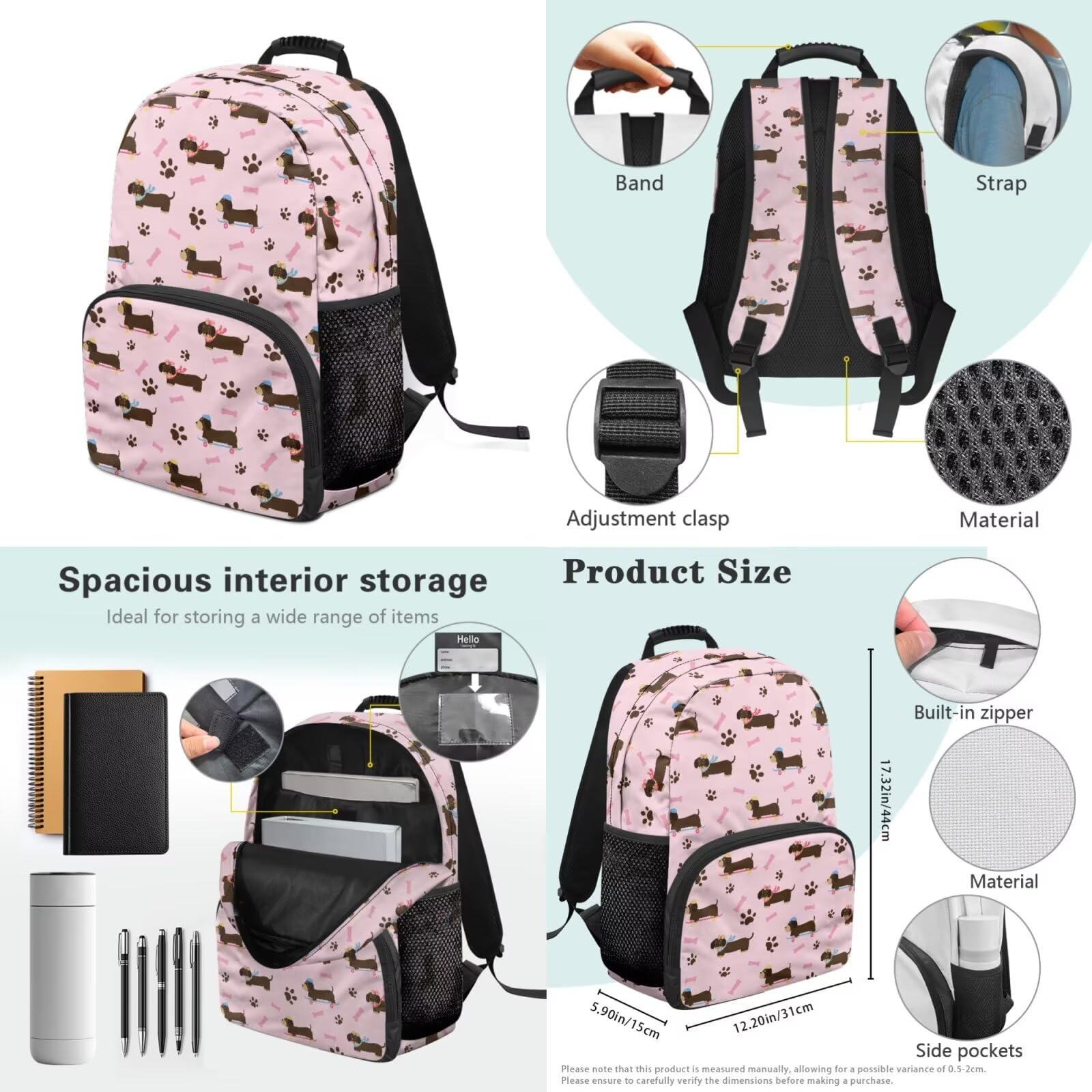 Xoenoiee Mochila escolar para niños con lonchera, estuche para lápices y soporte para botella de agua, para niños y niñas, animales lindos, Dachshund Dog Bone Paw Pink