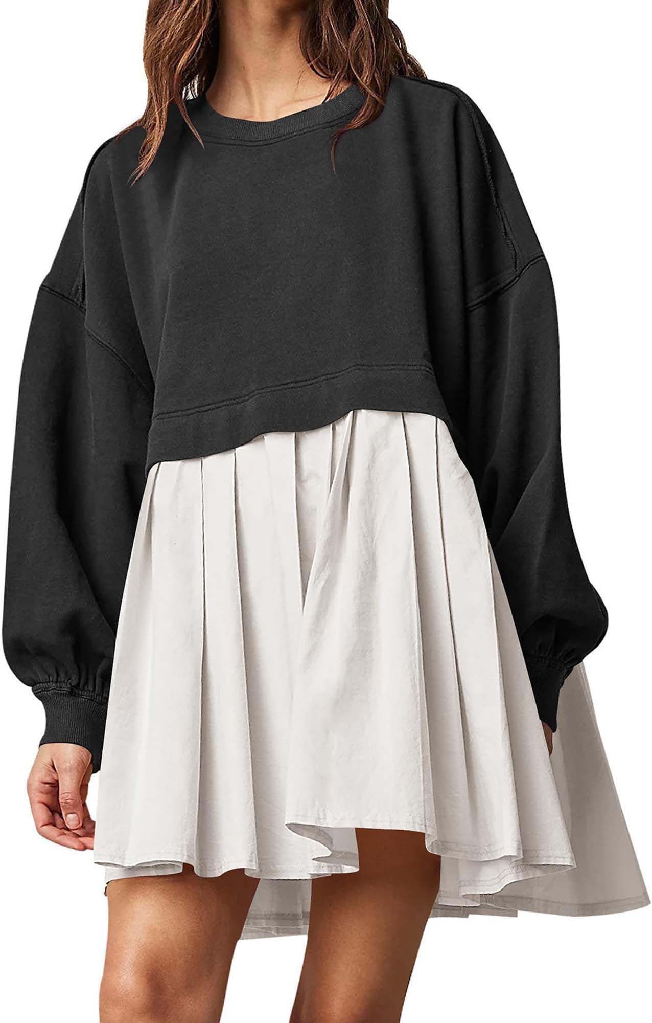 Hanaoops Womens Oversized Sweatshirt Dress Patchwork Crew Neck Pullover Loose Tops Flowy Pleated Relaxed Fit Sweatshirts Mini Dress