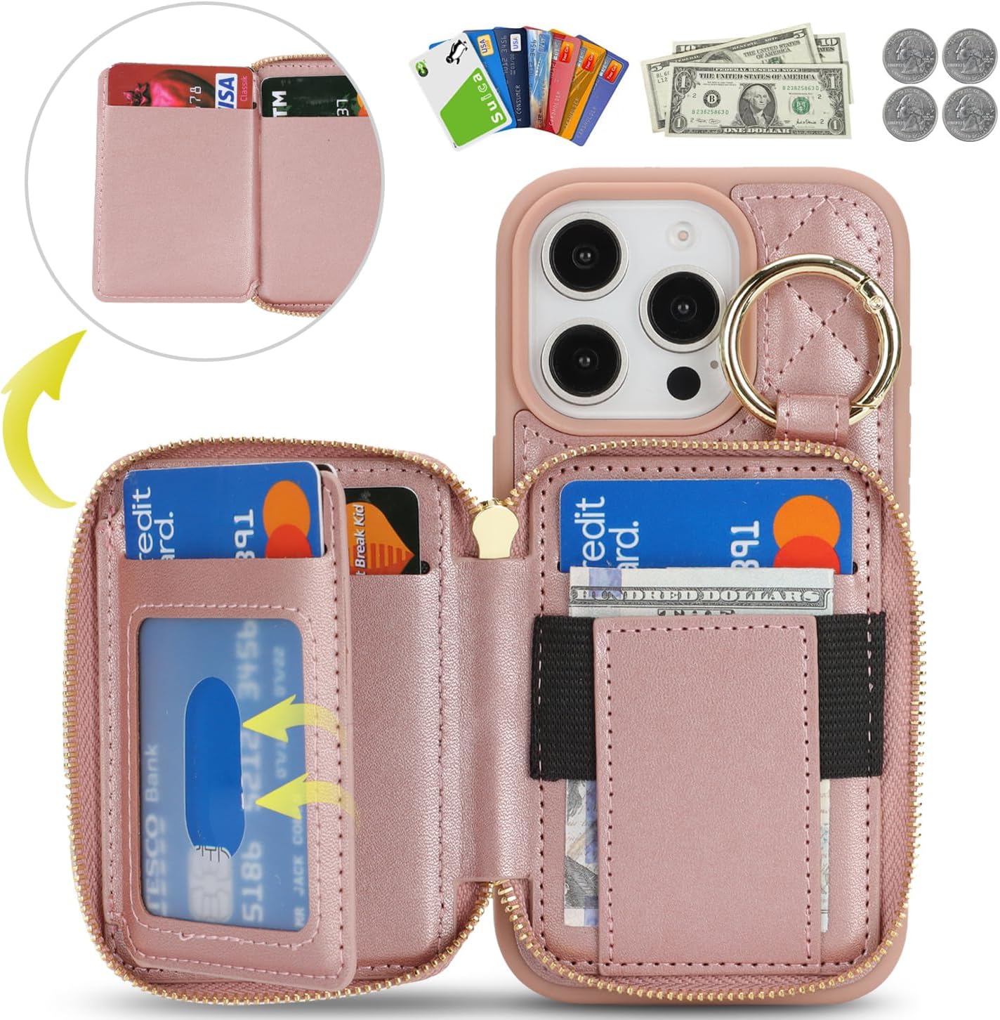 for iPhone 16 Pro Case Wallet with Card Holder,for iPhone 16 Pro Phone case Wallet with Zipper with Slot Kickstand Stand Case for Women and Man 5G 6.3 Inch-Rose Gold