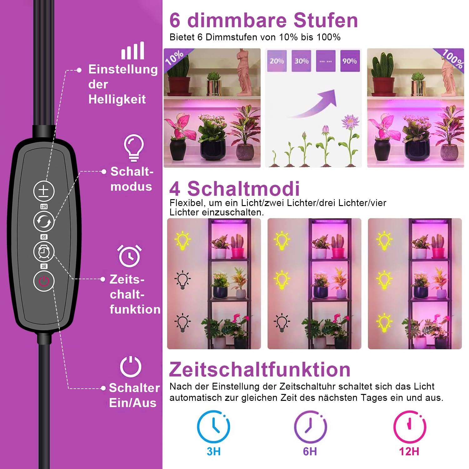 4Stück Pflanzenlampe LED, Vollspektrum Grow Lampe mit 600LEDs, Pflanzenlicht mit Zeitschaltuhr, Dimmbar Wachsen licht für Zimmerpflanzen, Setzlinge, Unterschrankpflanzen, Grow Zelt, Gemüse