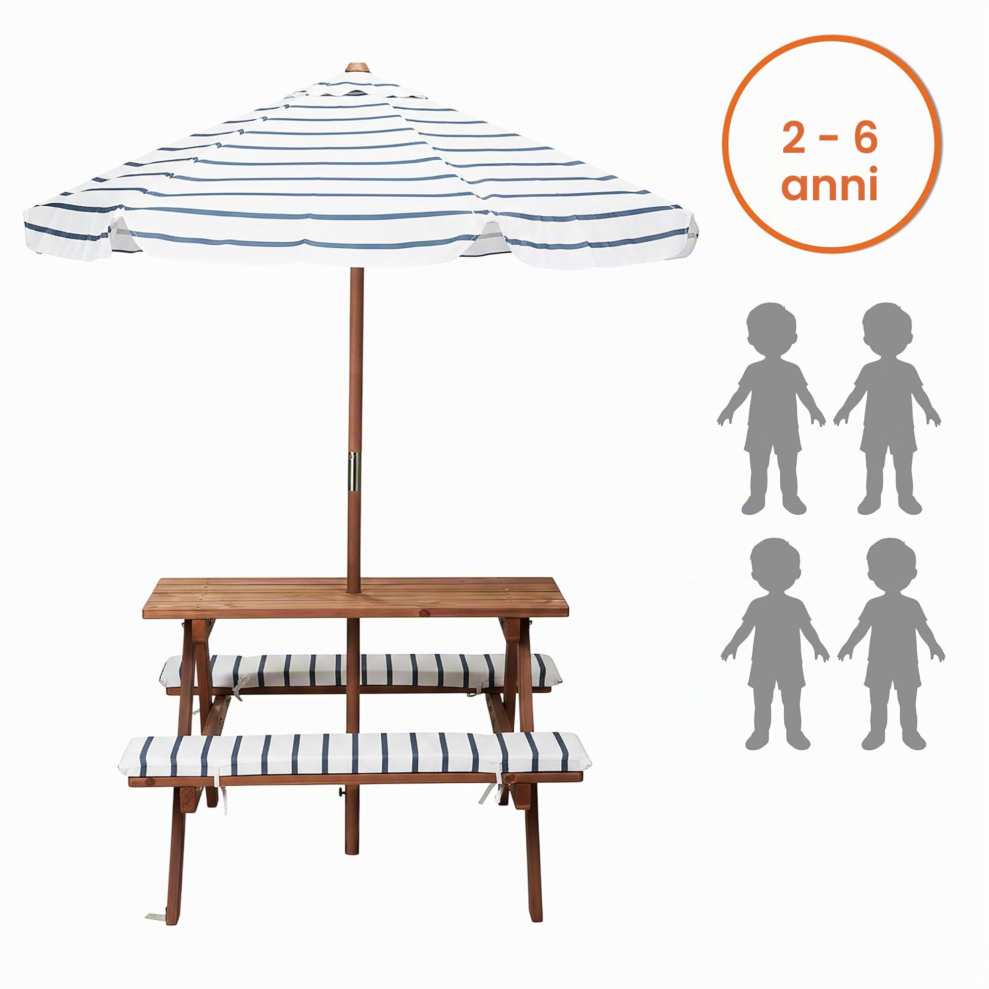Spetebo Set da Picnic in Legno per Bambini a partire da 2 anni con Ombrellone e Imbottitura, 75 x 75 cm, Set di Sedie da Giardino per Bambini, Supporta fino a 80 kg, in Legno, Mobili da Giardino per